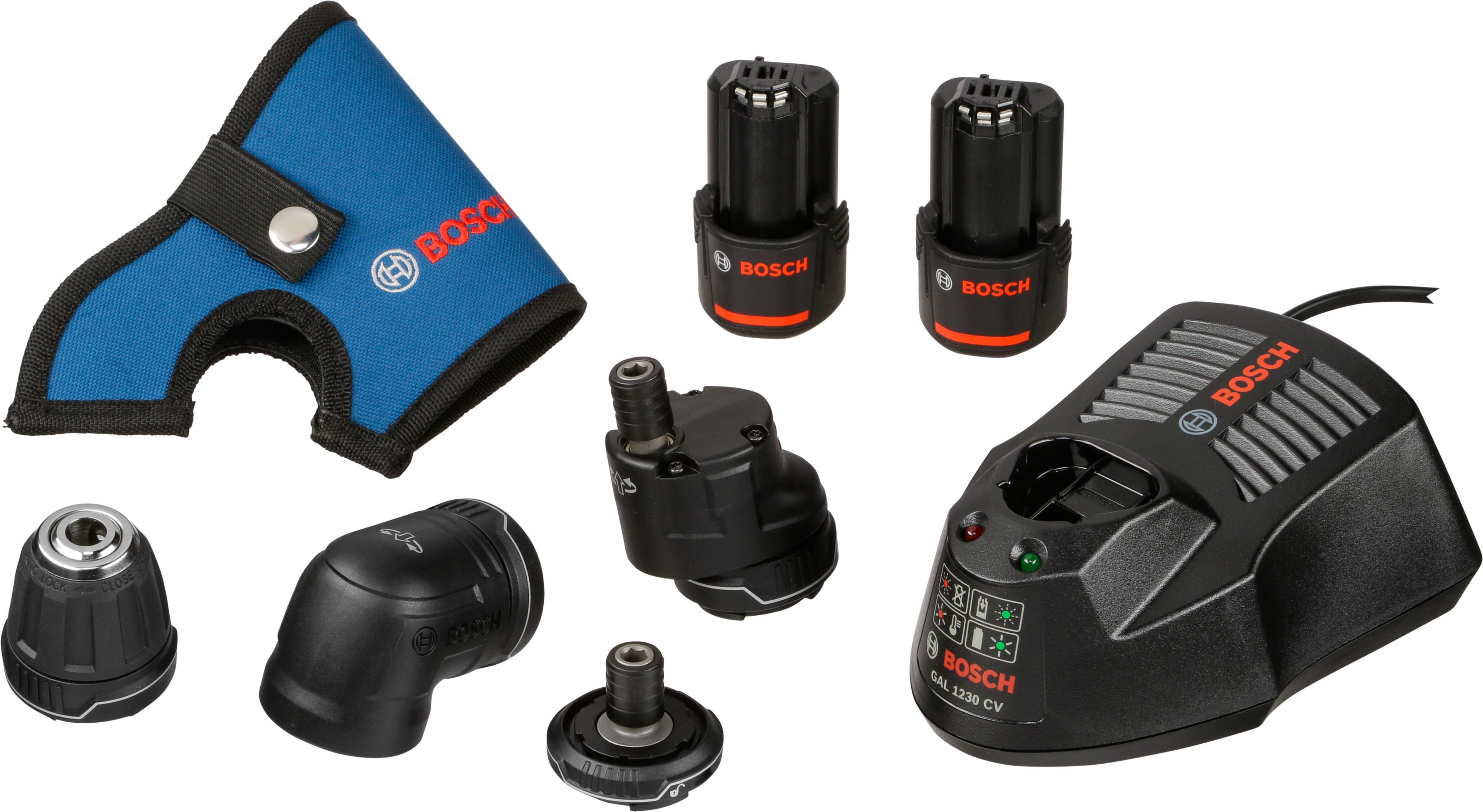 Akcesoria do wiertarki Bosch: ładowarka, baterie, kątowa końcówka, uchwyt i osłona. Wszystko czarne i niebieskie.