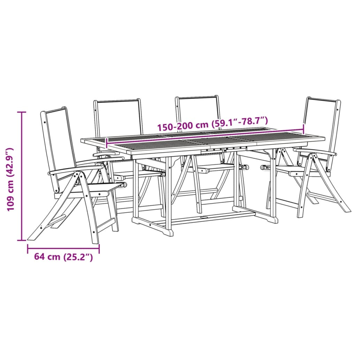 Tavolo e sedie in legno con dimensioni su sfondo bianco.