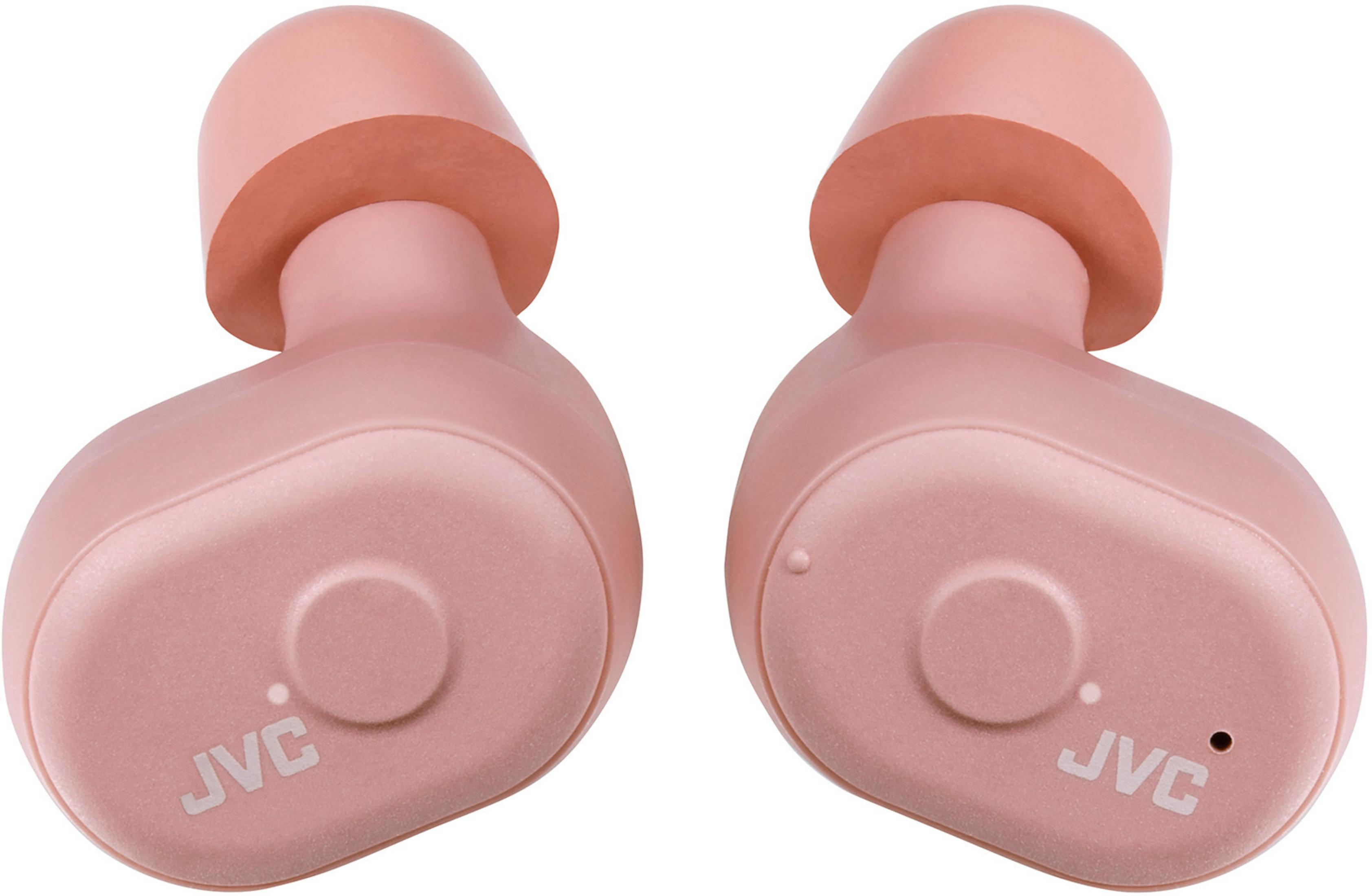 Set di auricolari wireless rosa con logo JVC bianco su ciascuno.
