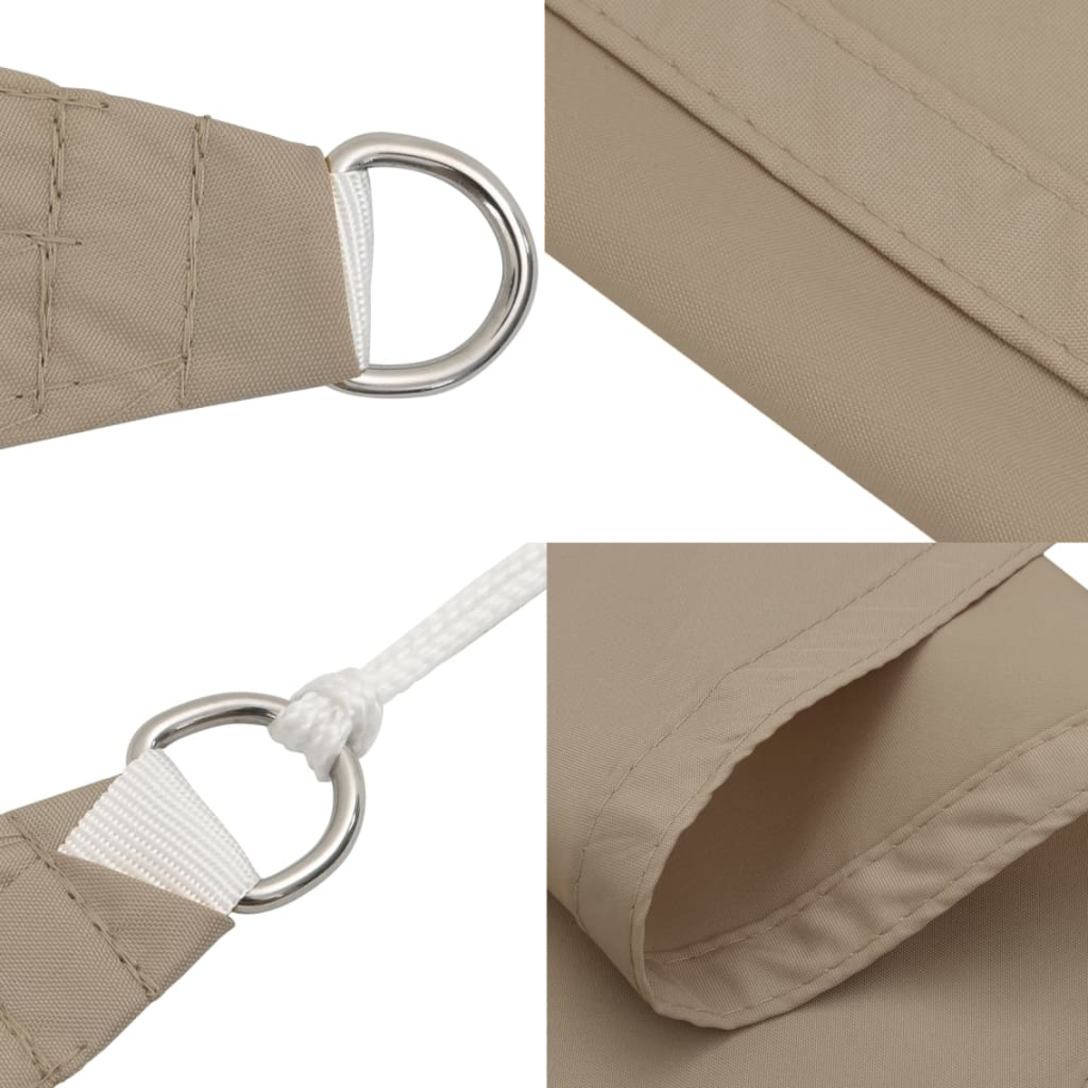 Nahaufnahmen eines beigen Sonnensegels, die Details von Nähten, Ringen und Kanten zeigen.