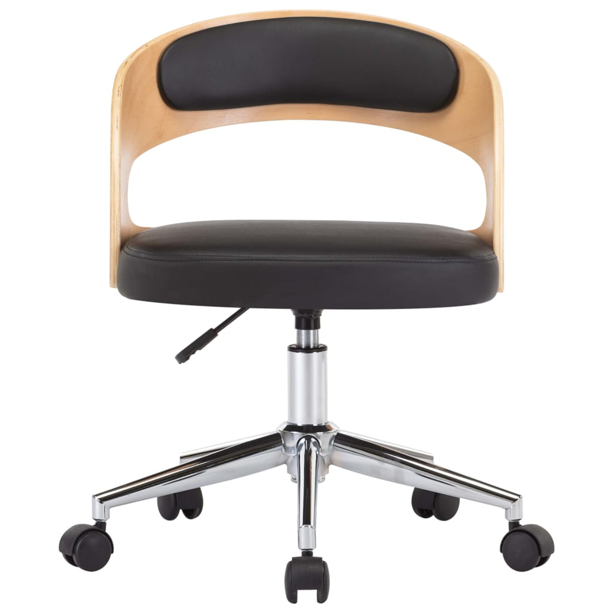 Moderner Bürostuhl mit geschwungenem Holzrücken und schwarzem Sitz.