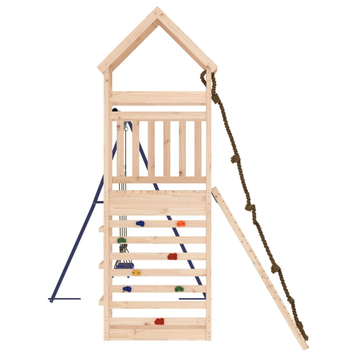 Spielgerüst aus Holz mit Kletterwand, Strickleiter und Dach auf weißem Hintergrund.