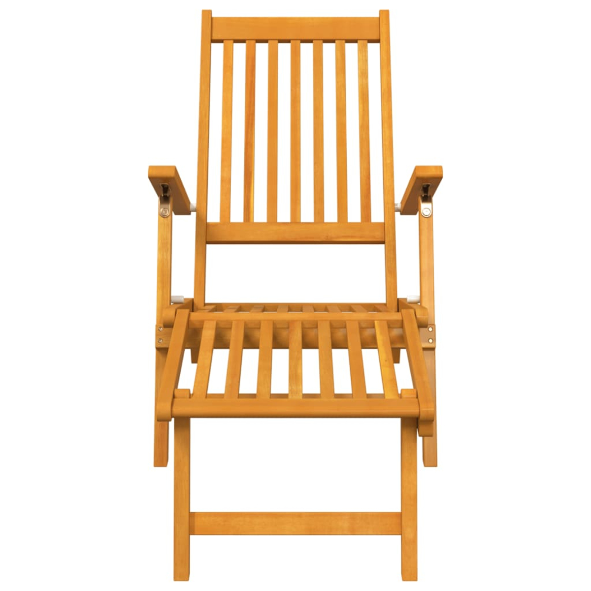 Ein Holzklappstuhl von vorne gesehen. Der Stuhl ist geöffnet und einsatzbereit.
