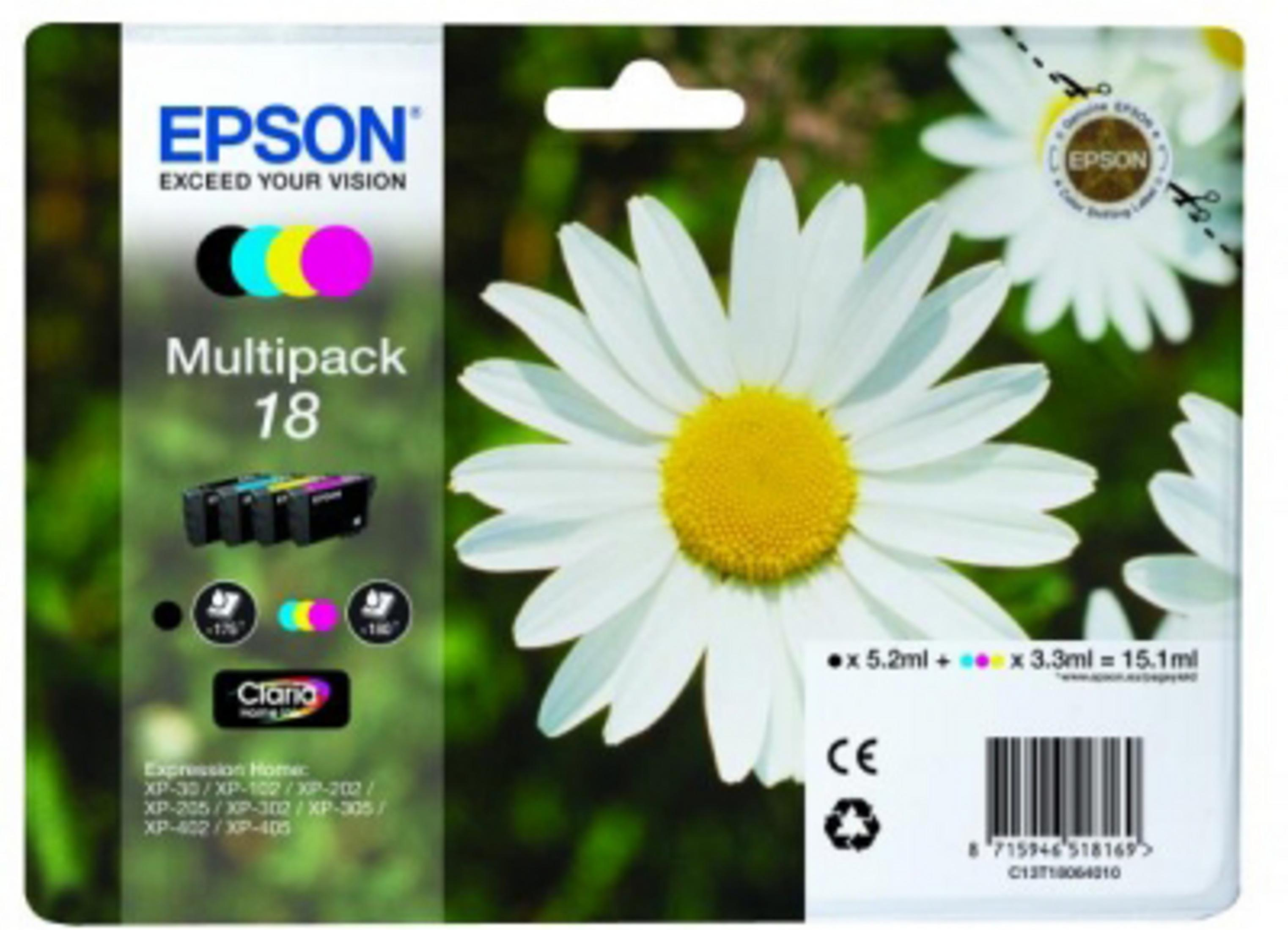 Multipack di cartucce d'inchiostro Epson con cartucce a colori e una margherita su sfondo bianco.