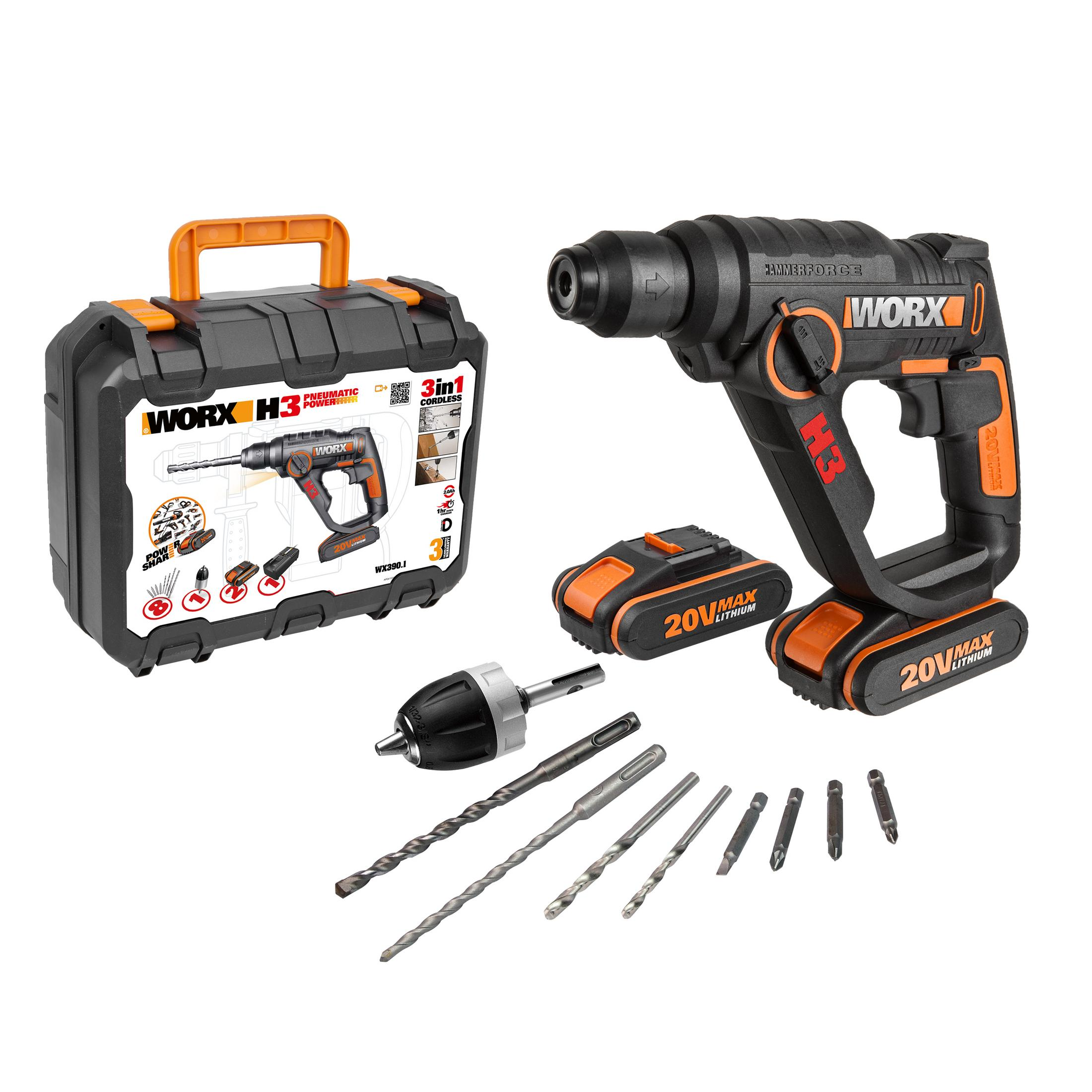 Czarno-pomarańczowy zestaw wiertarki udarowej akumulatorowej Worx z walizką, akumulatorami i wiertłami.