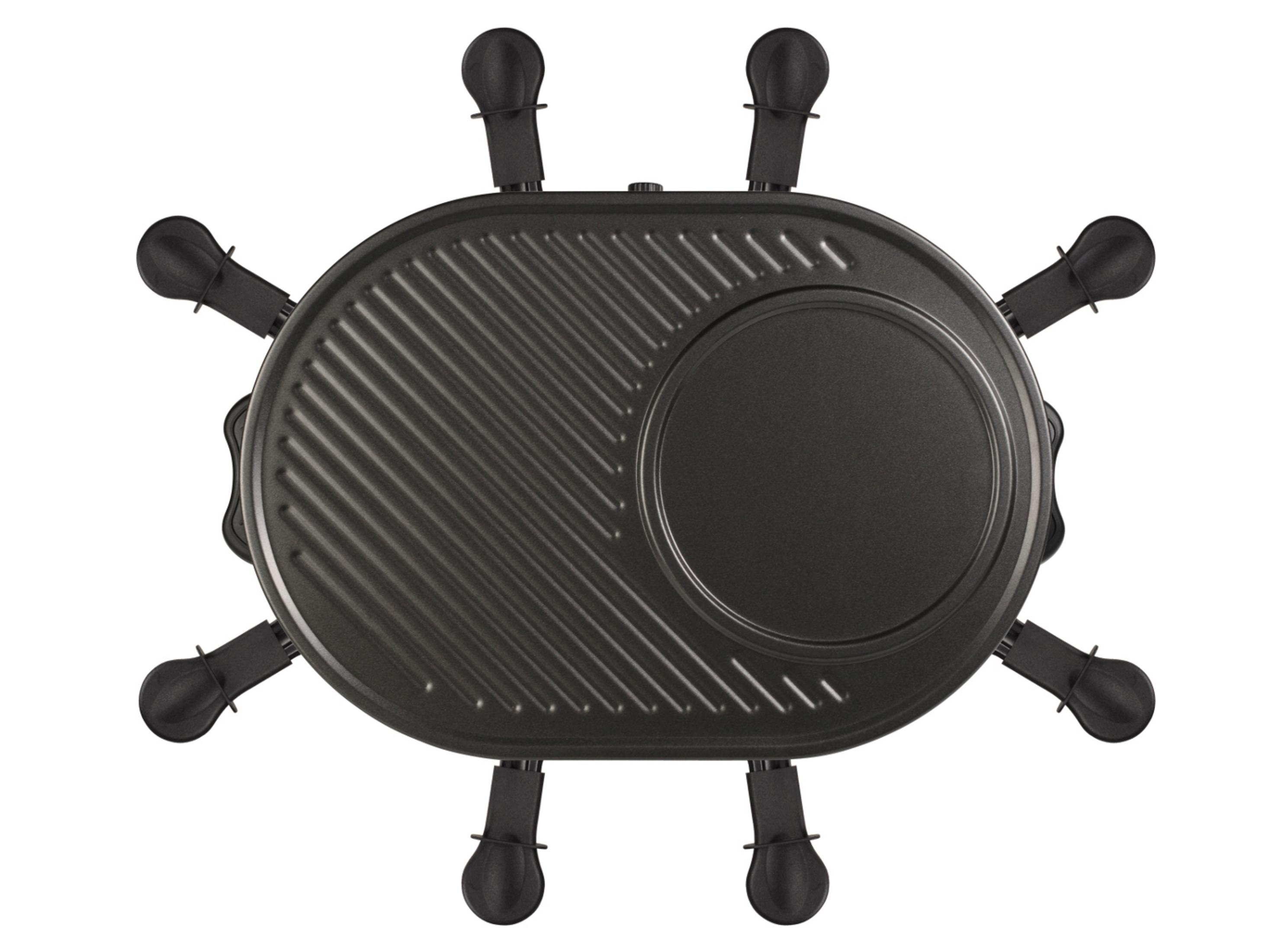 Schwarzer Raclette-Grill mit acht individuellen Haltern.