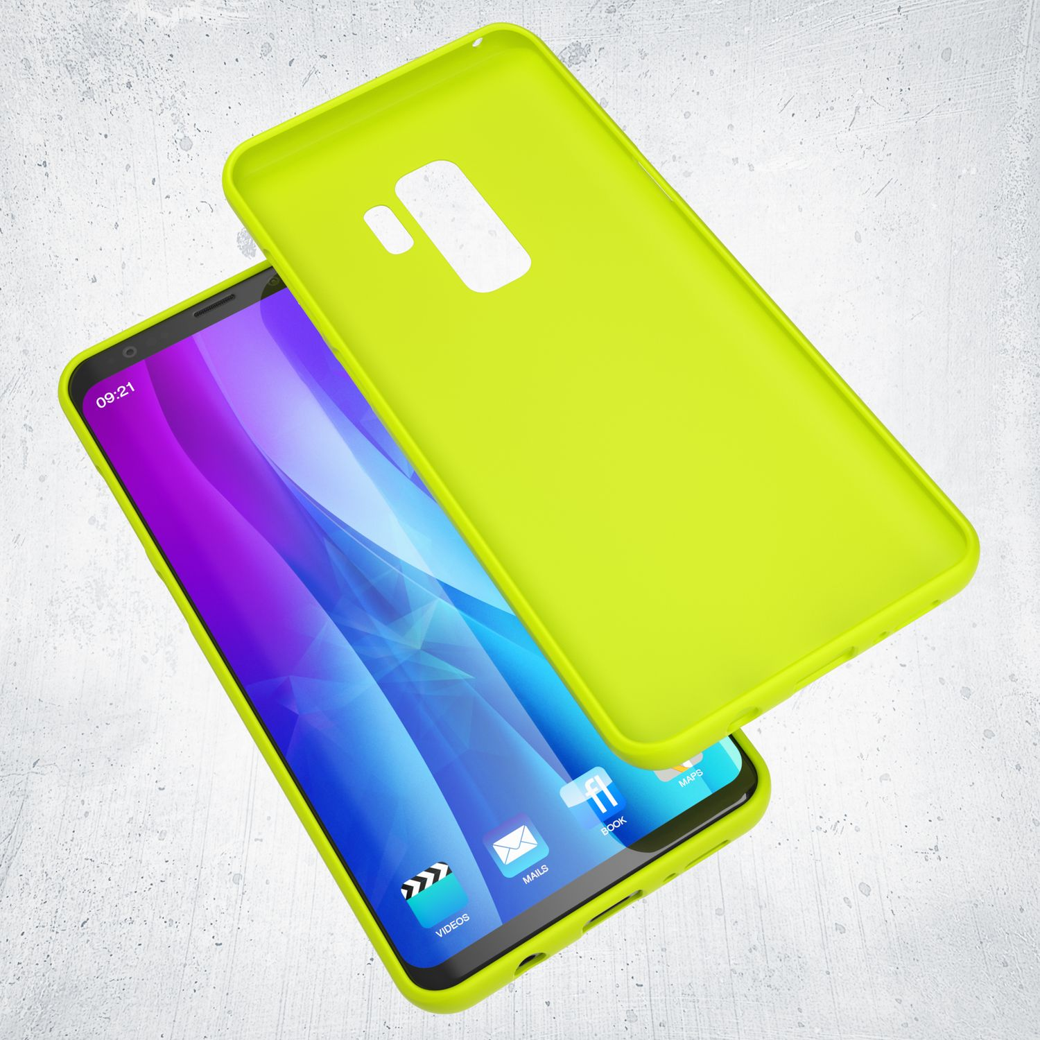 Grüne Handyhülle über einem schwarzen Telefon mit Apps.