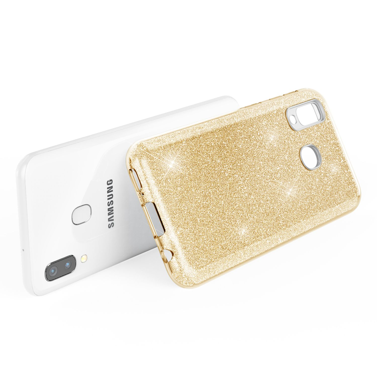 Weißes und goldenes Telefon mit funkelnder Glitzerhülle.