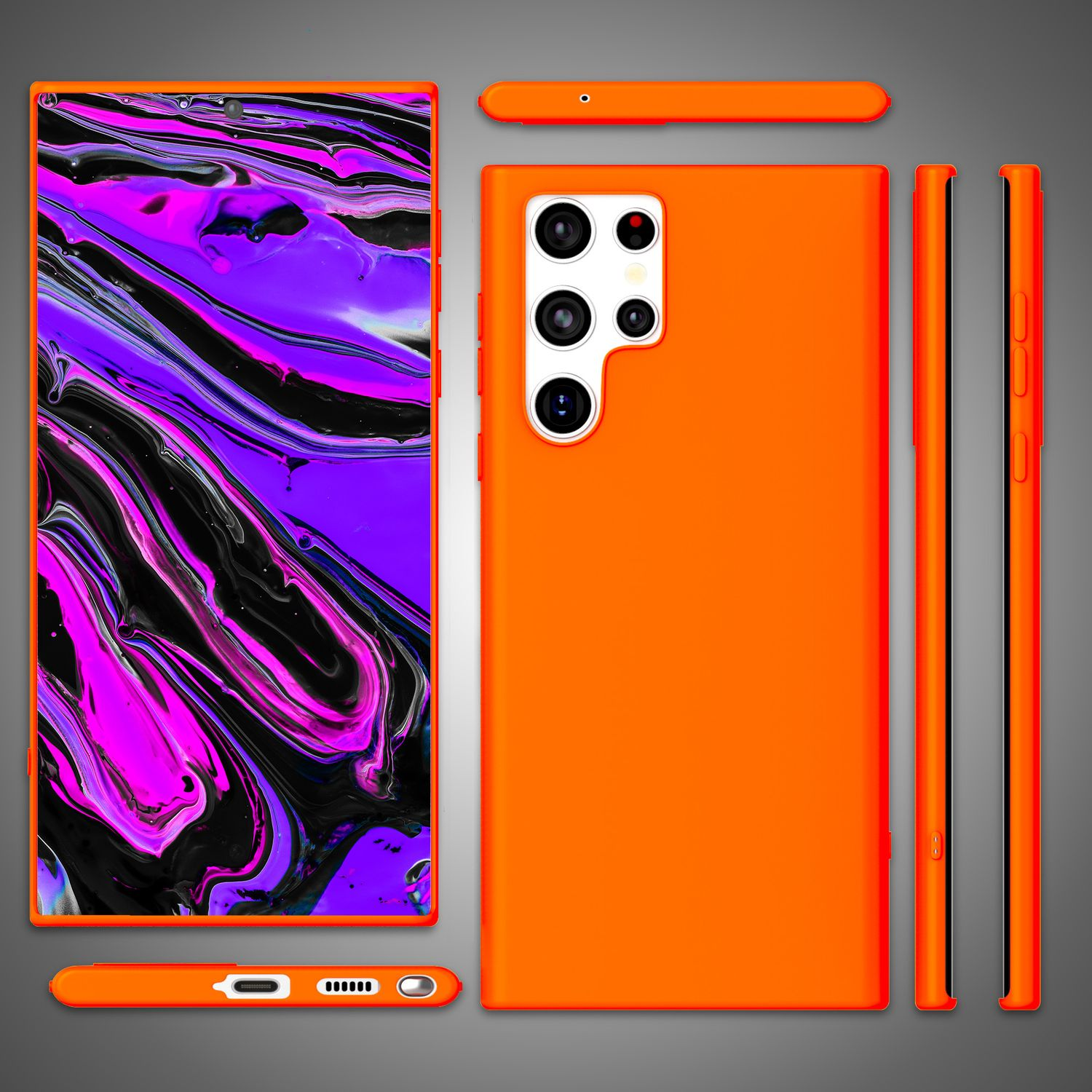 Une coque de téléphone orange avec un téléphone à l'intérieur. Plusieurs vues de la coque sont montrées.