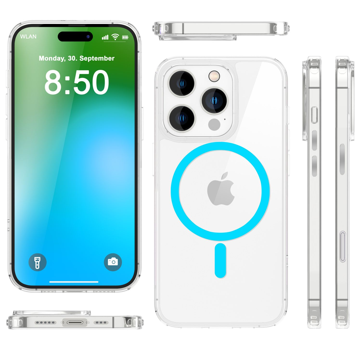 iPhone 14 Pro Hülle. Telefon hat Display an, zeigt Zeit und Symbole. Blauer Kreis hinten.