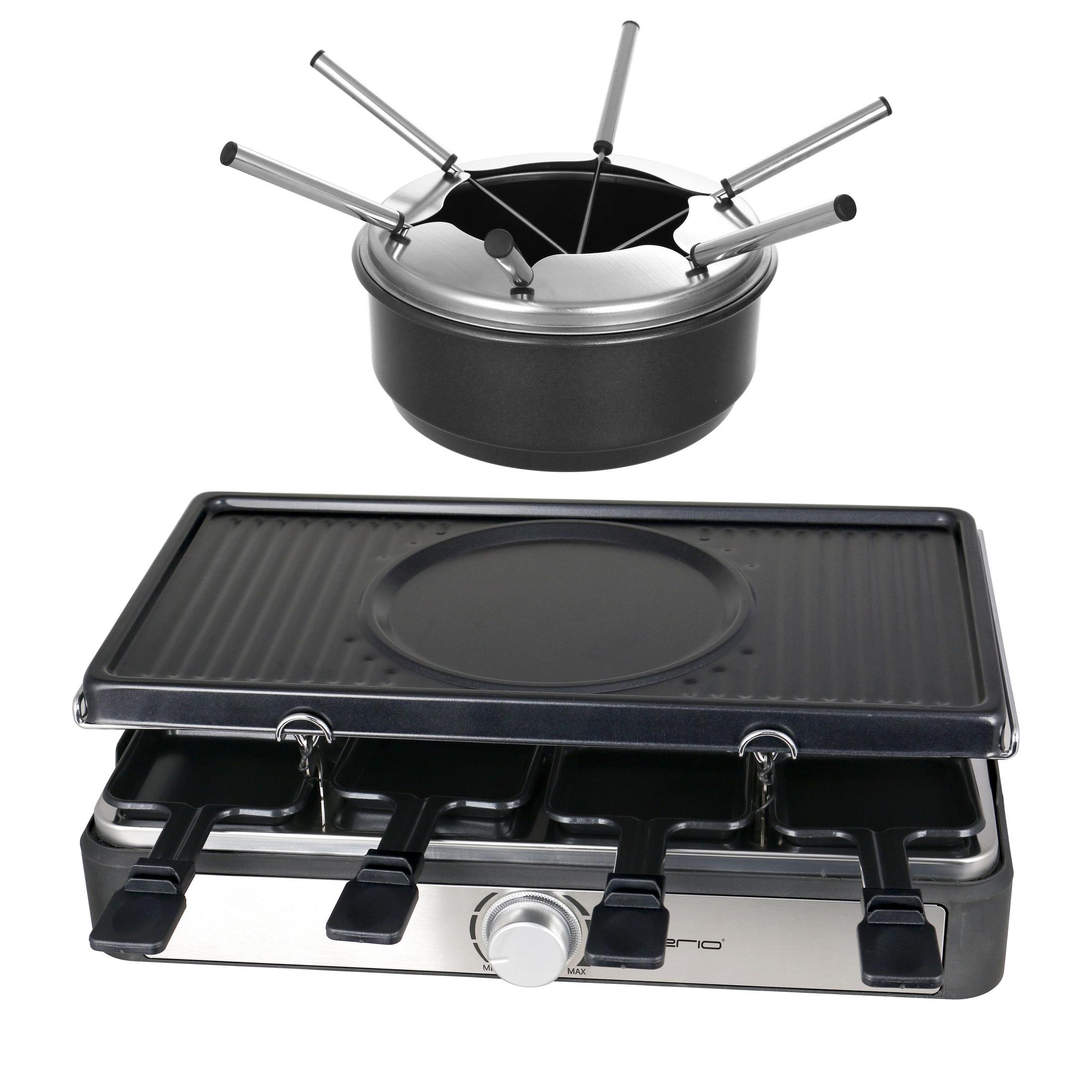 Ein Raclette-Grill und ein Fondue-Set. Der Grill hat eine schwarze Oberfläche, und der Fonduetopf ist obenauf.