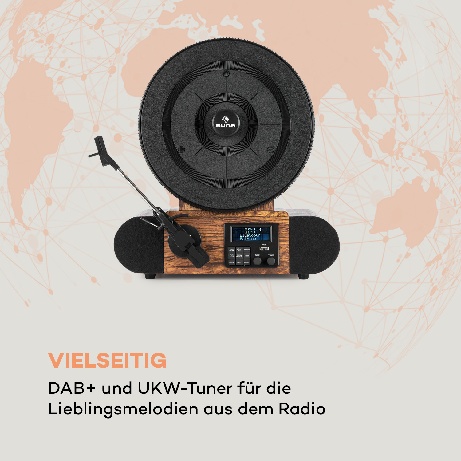 Ein Plattenspieler mit schwarzer Schallplatte, mit Weltkartenhintergrund.