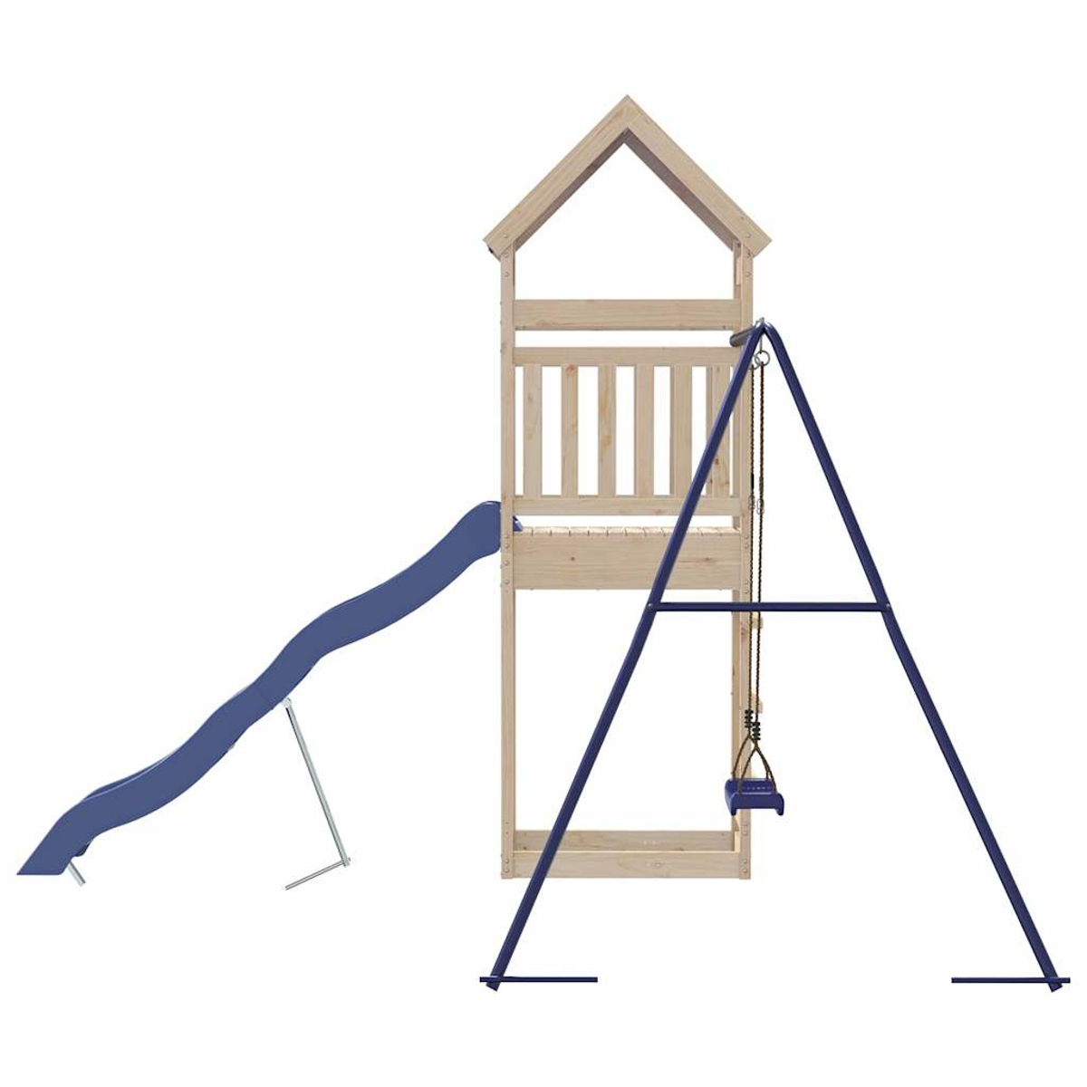 Holzspielplatz mit Rutsche, Leiter und Schaukel vor weißem Hintergrund. Blaue Rutsche und Schaukel.