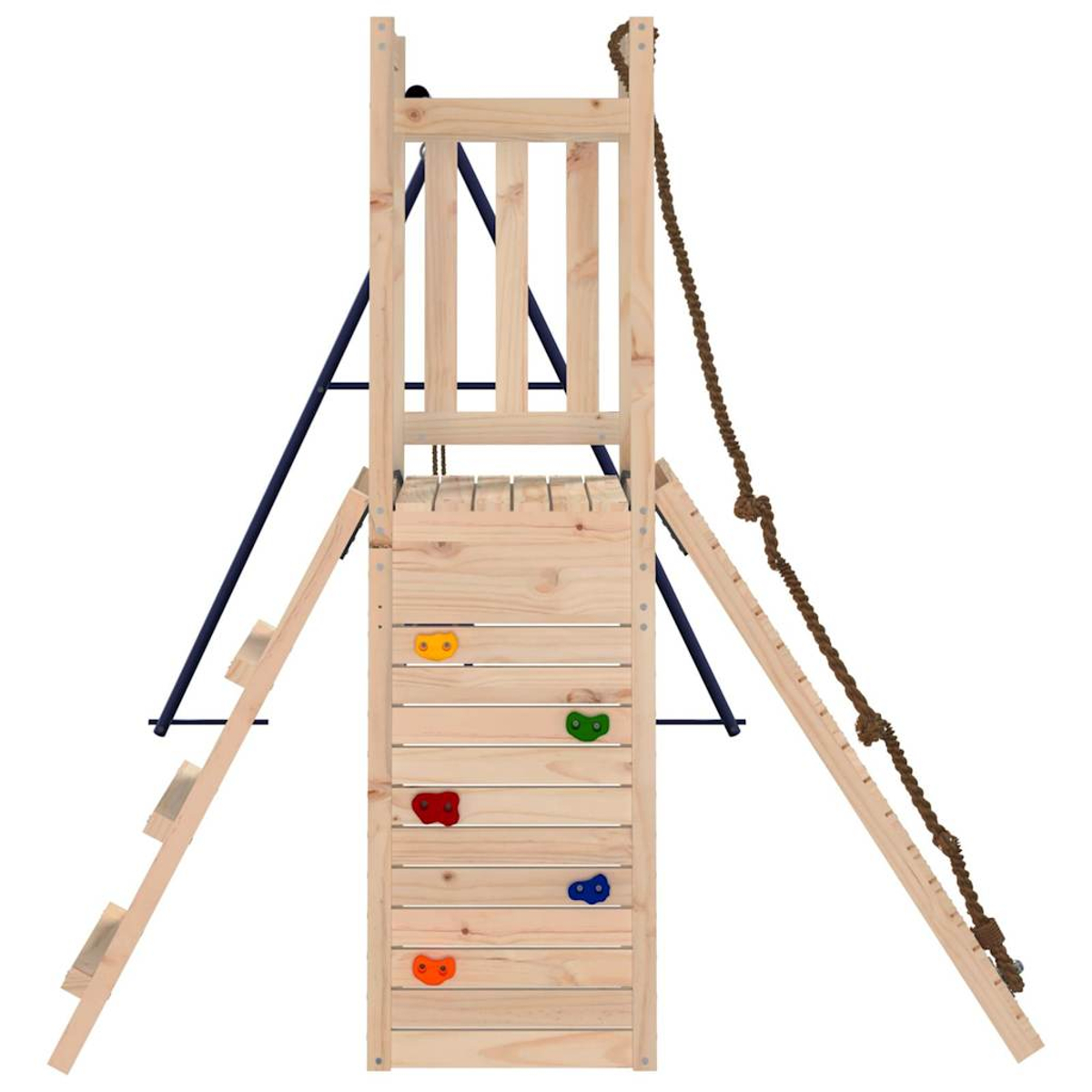 Spielplatzstruktur aus Holz mit Kletterwand, Leiter, Seil und Rutsche. Blaue und gelbe Farben vorhanden.