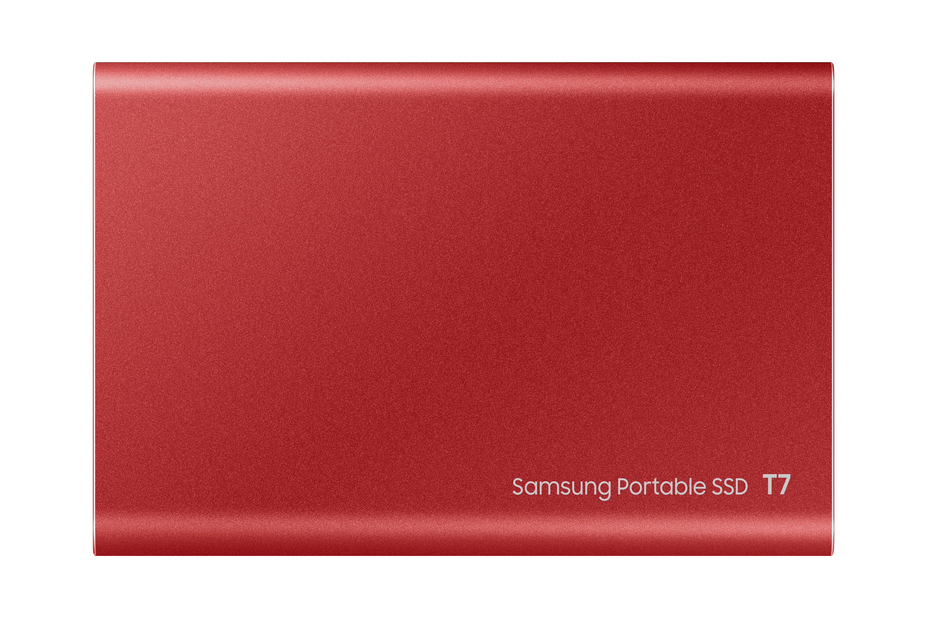 Rote tragbare Samsung SSD. Rechteckig, mit 'Samsung Portable SSD T7' aufgedruckt.