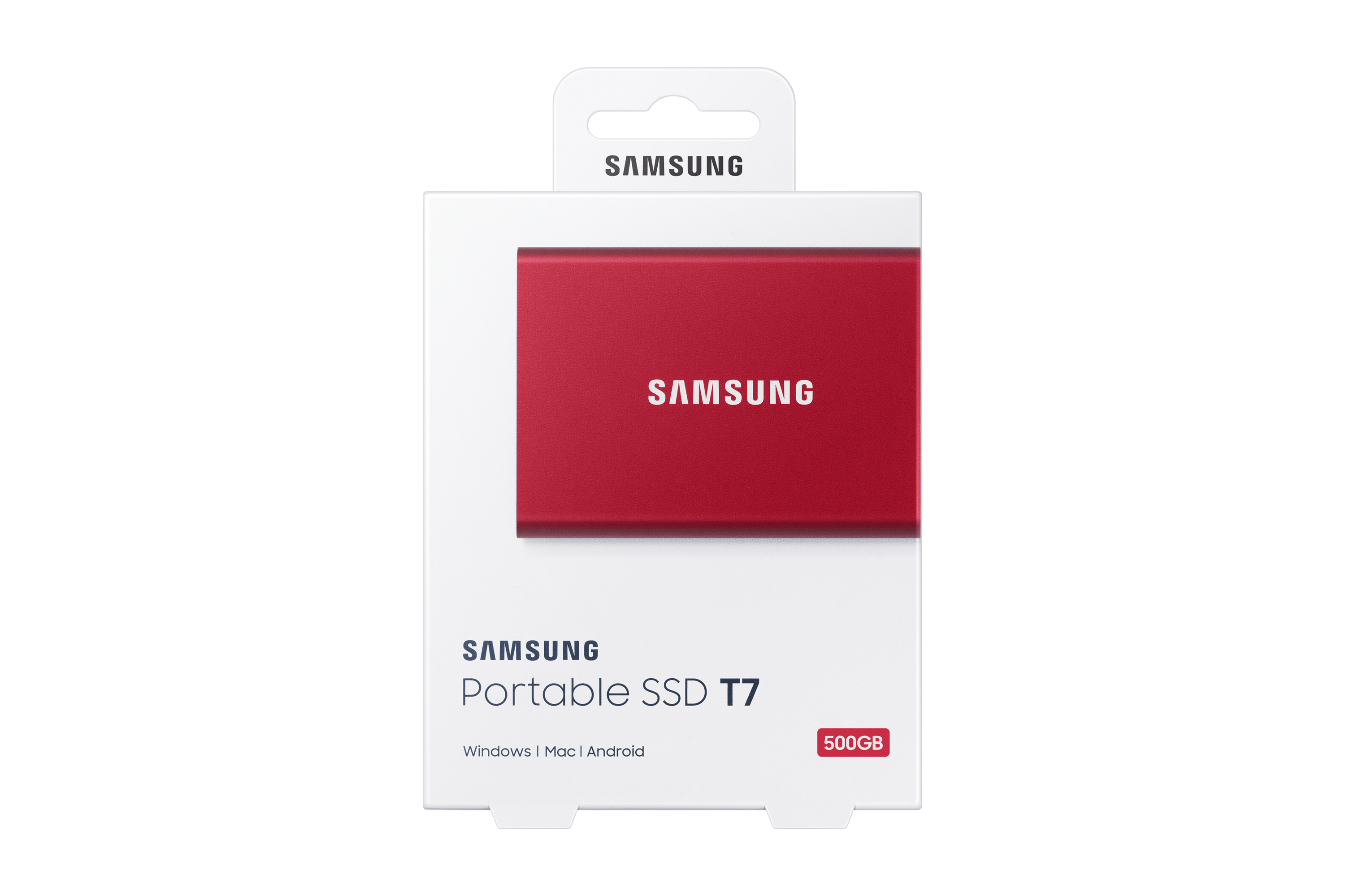 Samsung Portable SSD T7 in seiner Verpackung. Rote SSD, weiße Box mit Samsung-Logo.