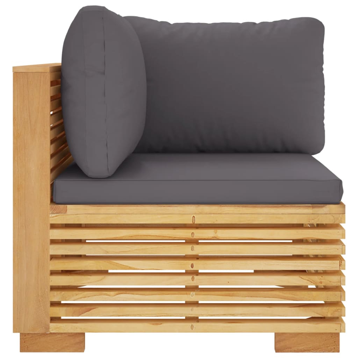 Ecksofa aus Holz mit grauem Kissen. Seitenansicht mit weißem Hintergrund.