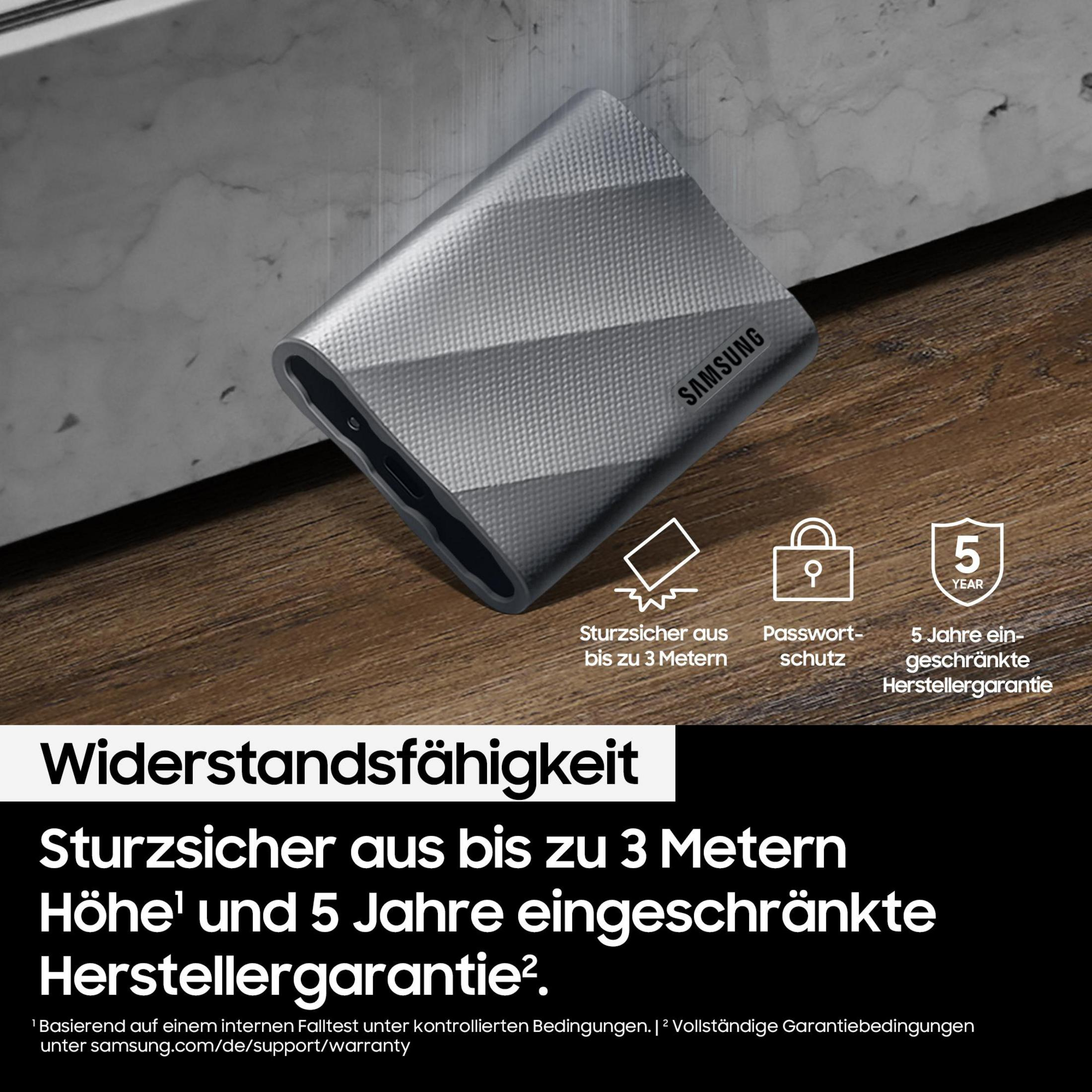SSD Samsung portatile grigio con testo che descrive le funzionalità.