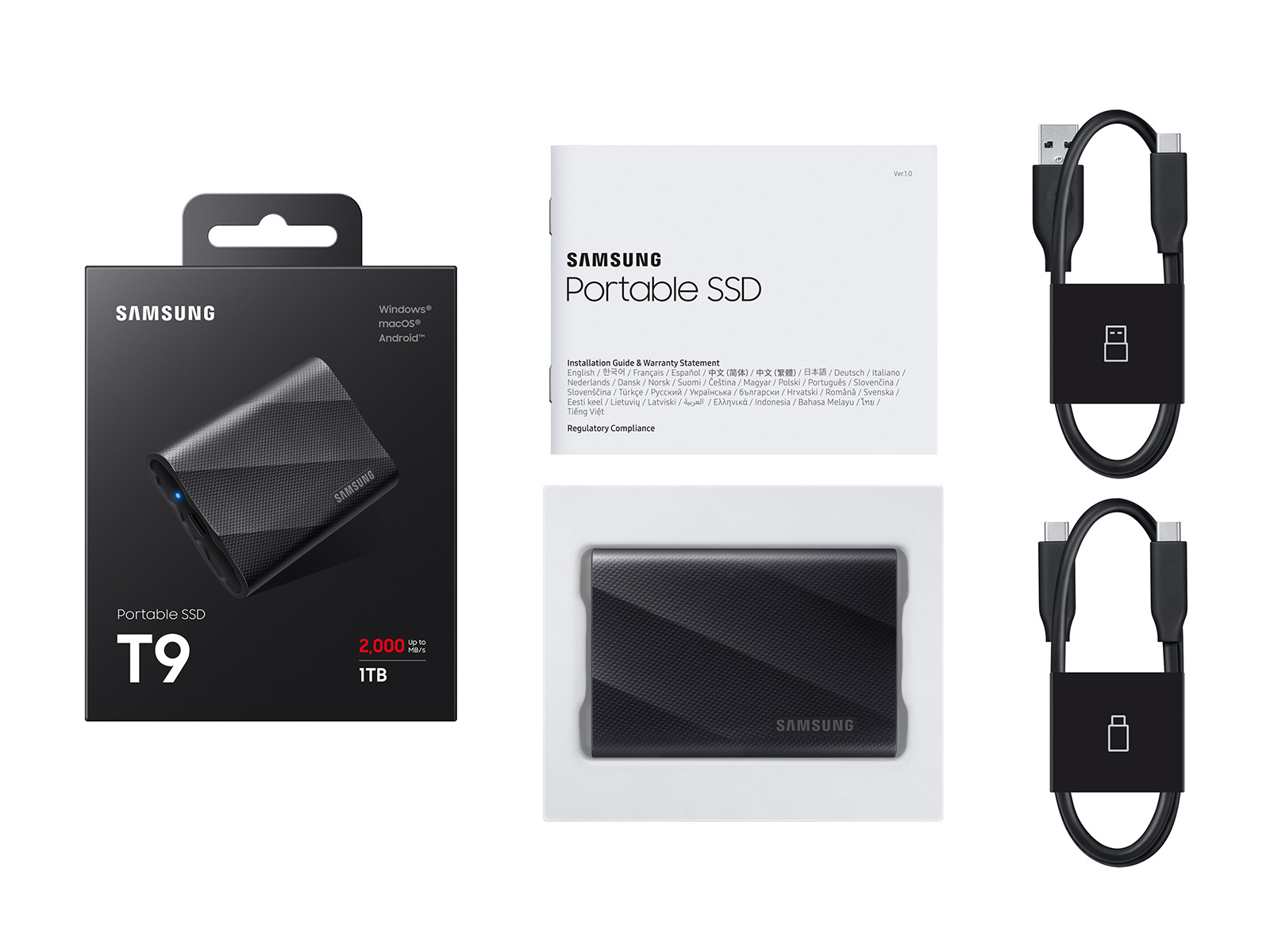 SSD portatile Samsung, confezione e cavi, su sfondo bianco.