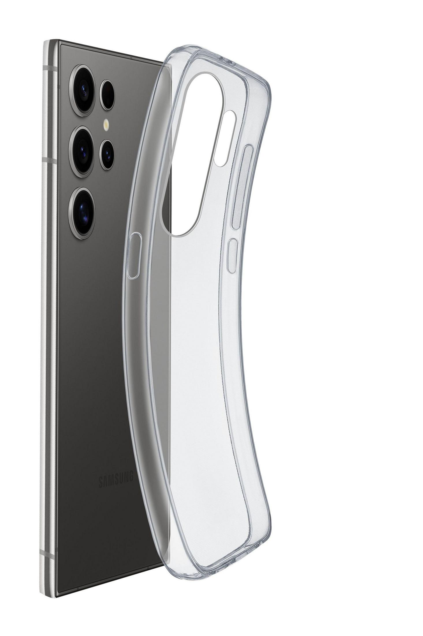 Funda transparente junto al teléfono Samsung. El teléfono es plateado.