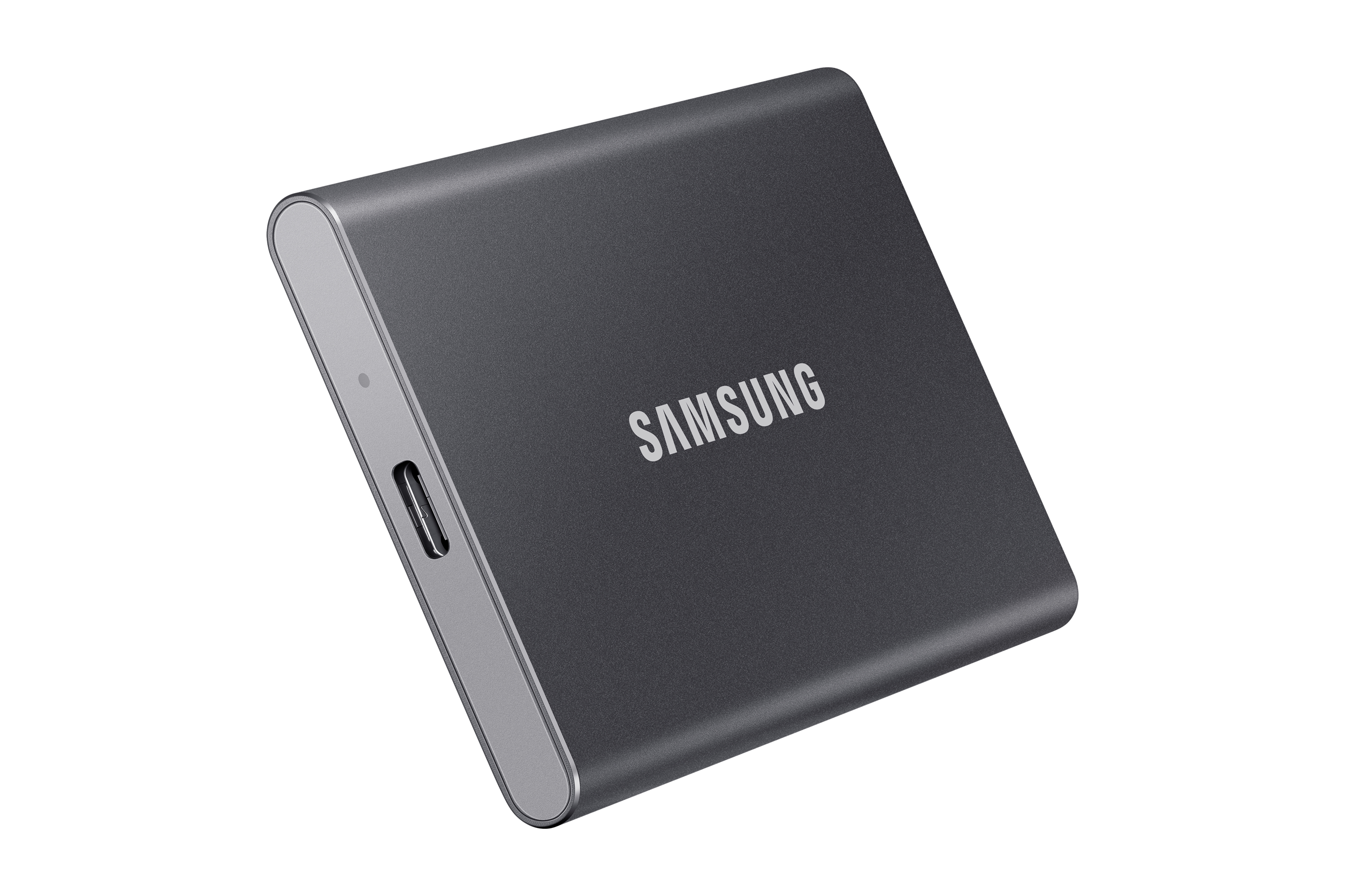 SSD portatile Samsung grigio scuro, con porta USB-C.