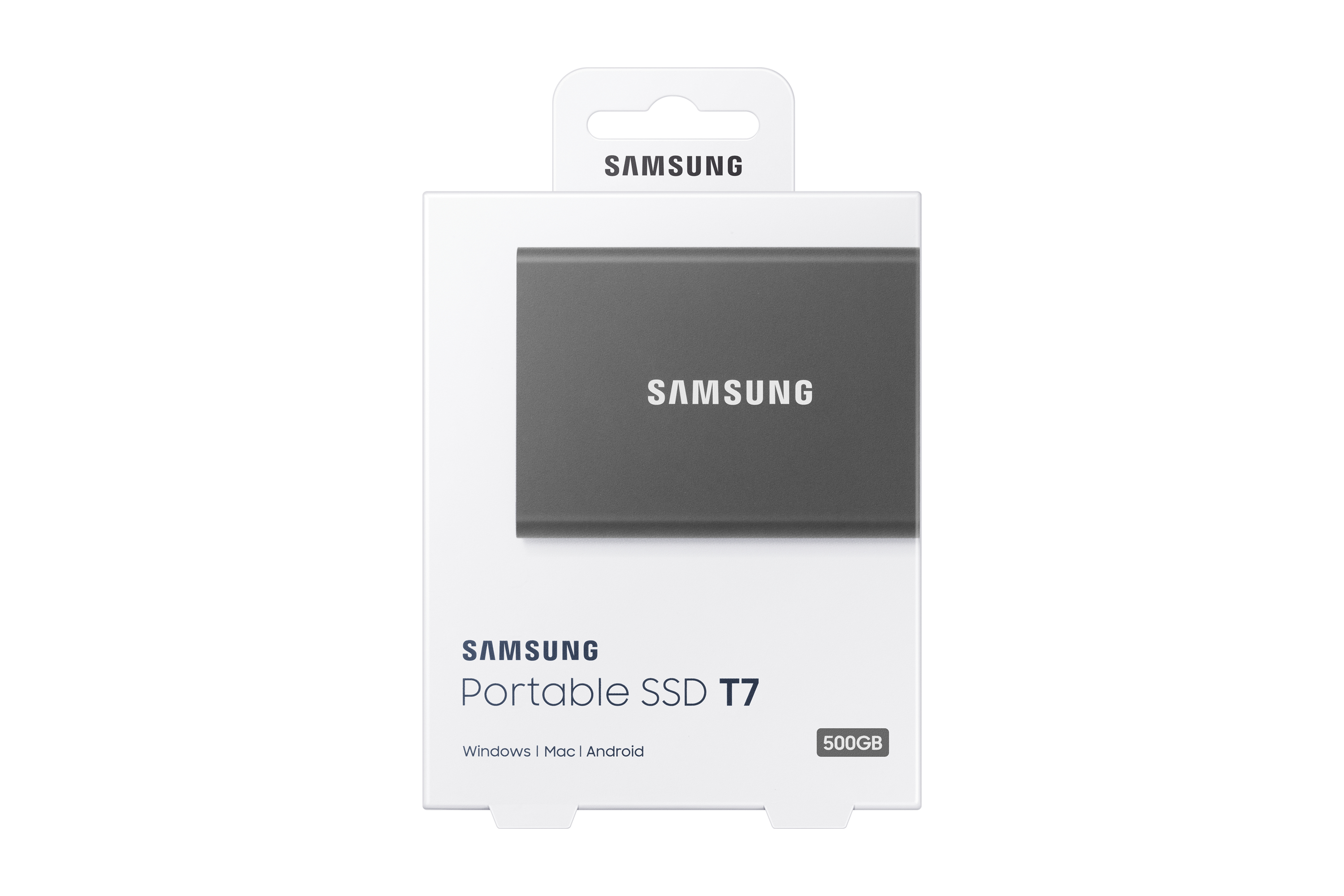 SSD portatile Samsung in confezione bianca, 500GB.