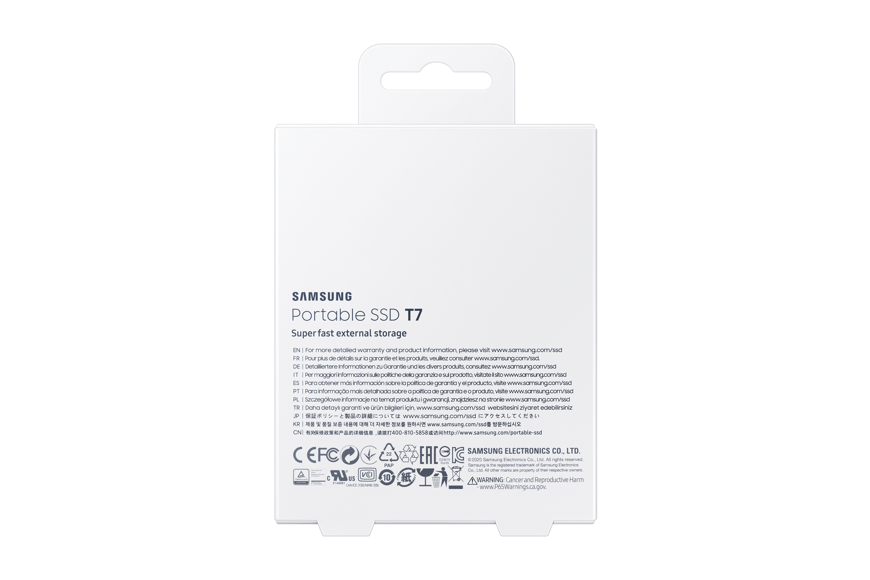 Una scatola bianca Samsung Portable SSD T7 con testo e loghi.