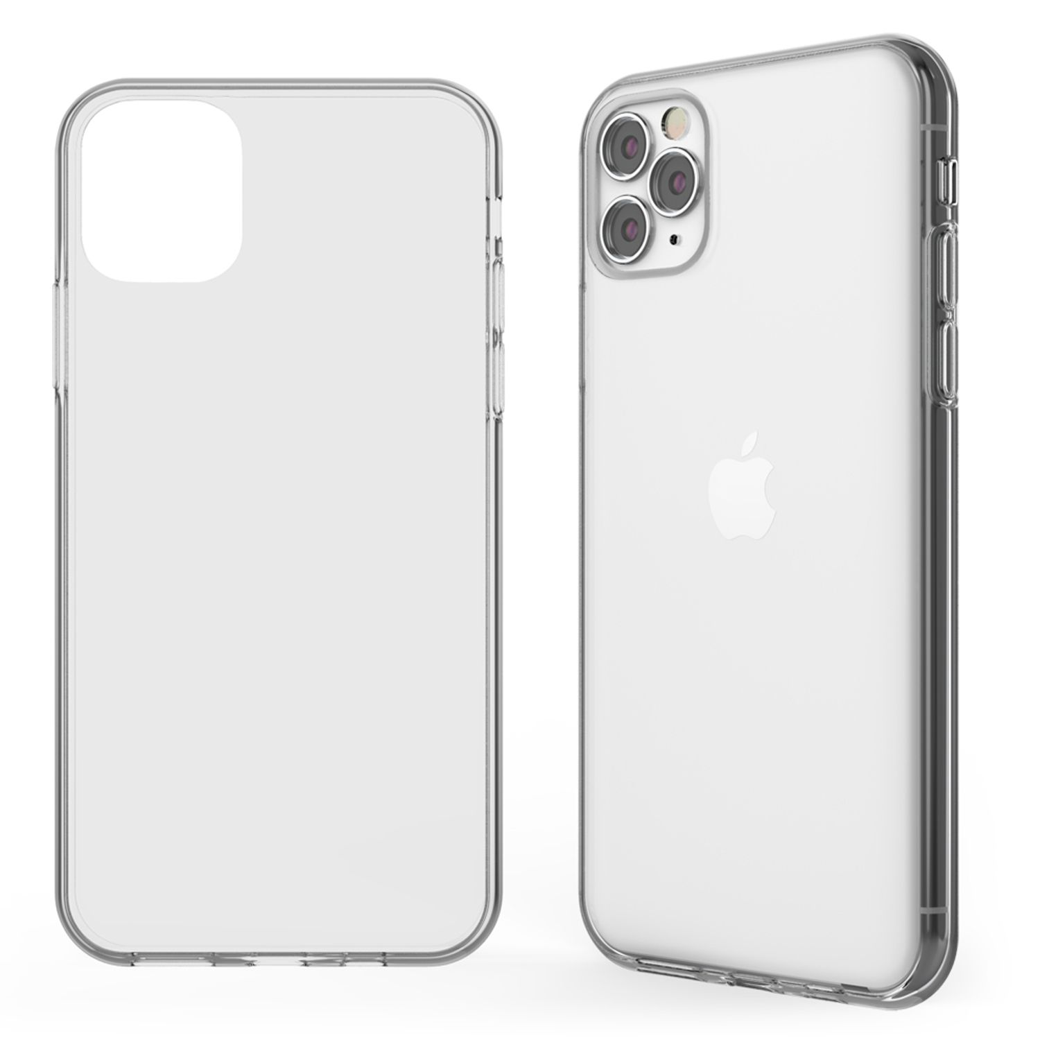 Zwei transparente iPhone-Hüllen, eine auf der Rückseite und eine mit Seitenansicht.