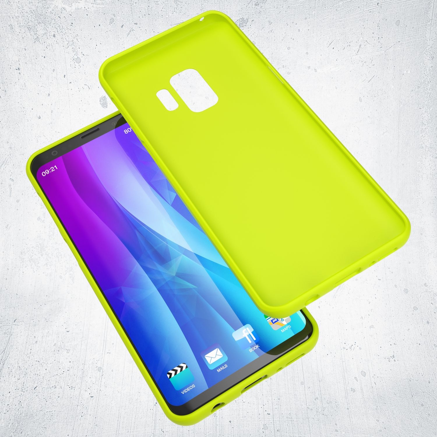 Ein Smartphone mit limettengrüner Hülle liegt offen. Der Bildschirm zeigt einen lila-blauen Farbverlauf.