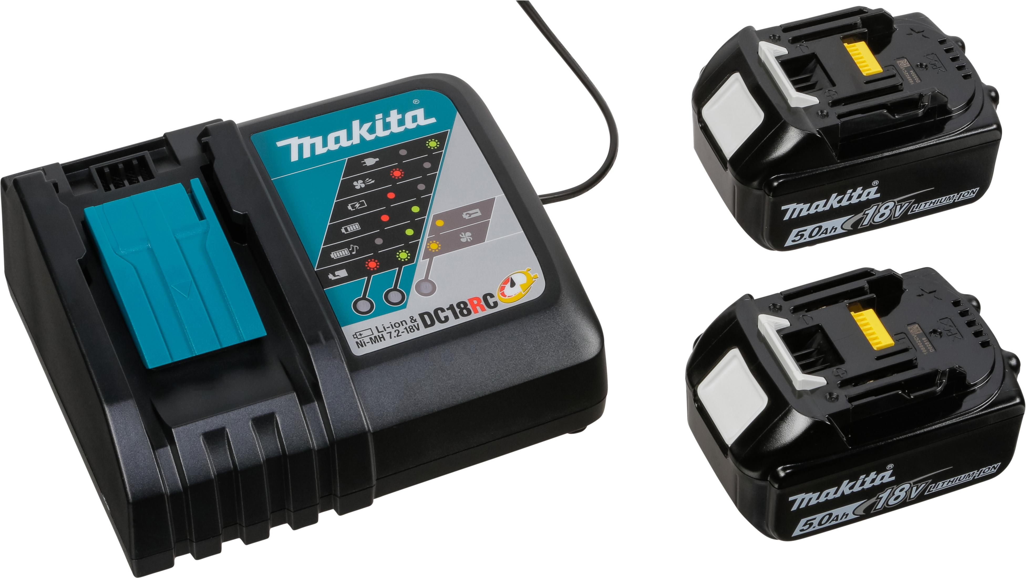 Cargador de batería Makita con dos baterías. Diseño negro y turquesa. Fondo blanco.