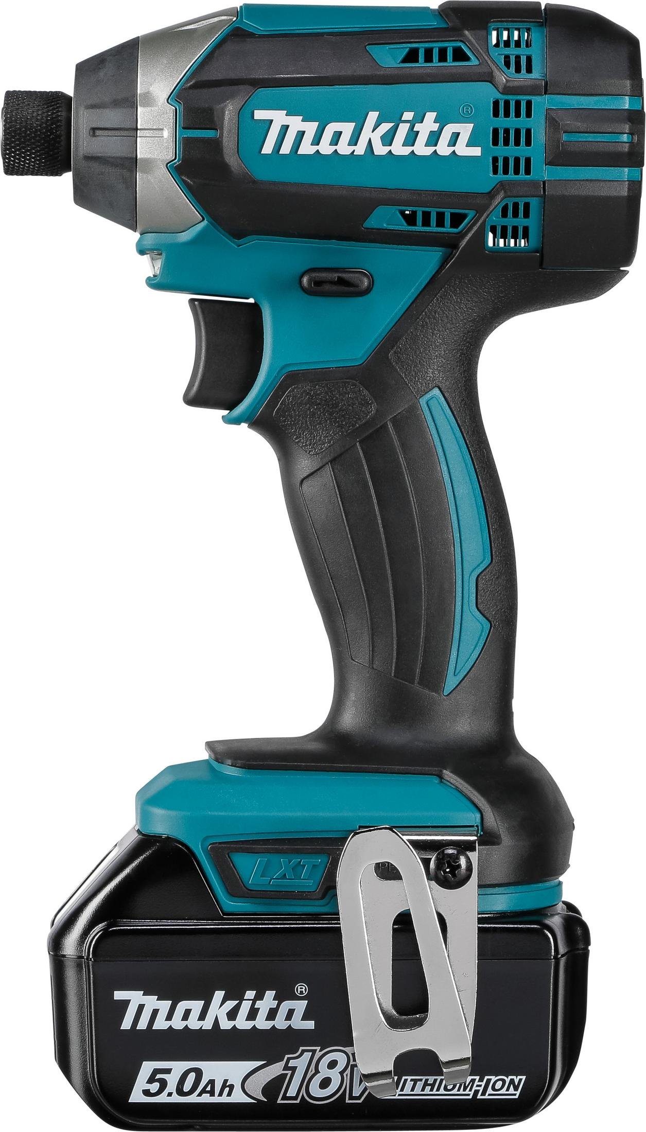 Atornillador de impacto inalámbrico Makita, turquesa y negro, batería adjunta, con clip para cinturón plateado.