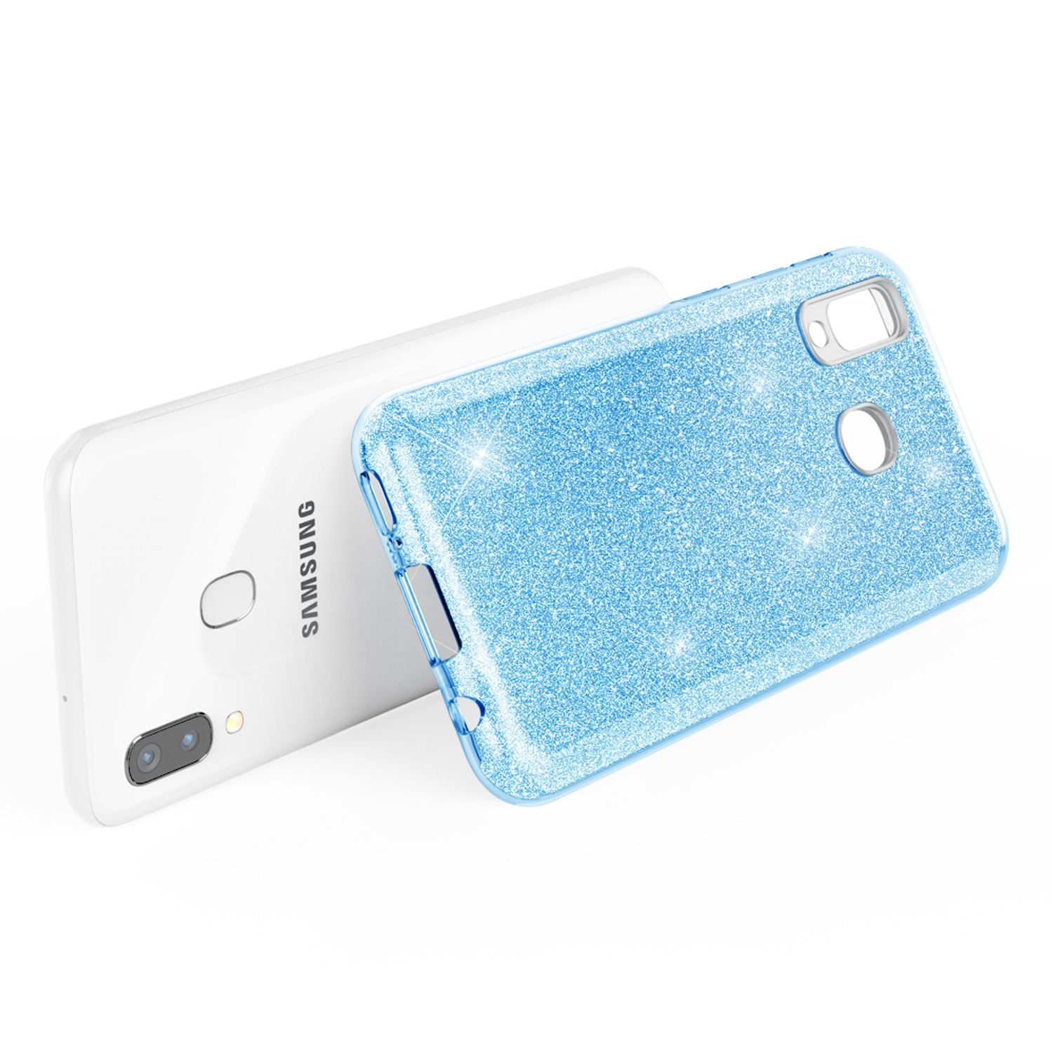 Ein weißes Telefon mit einer blauen Glitzer-Handyhülle.