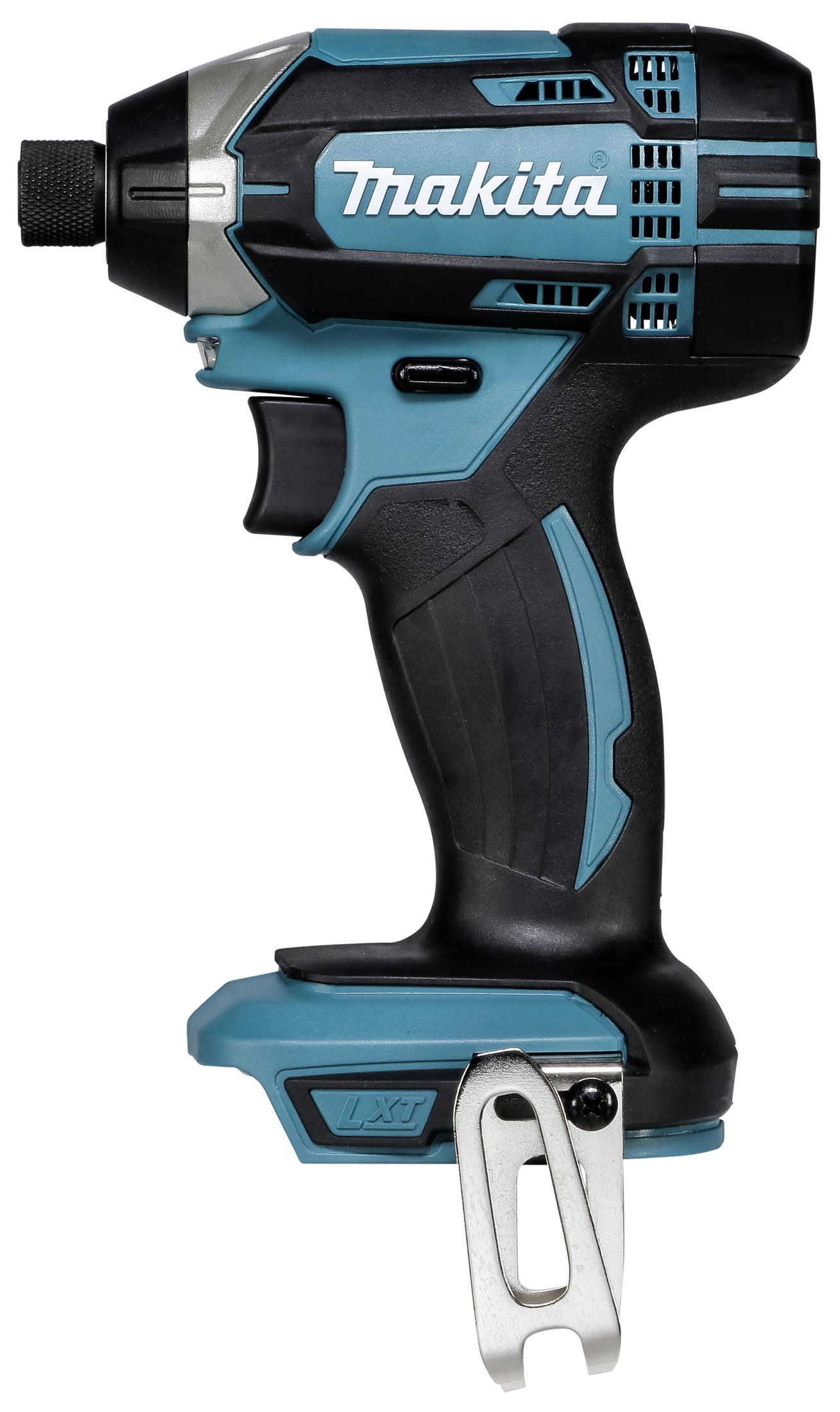 Turkusowo-czarny zakrętarka udarowa Makita z metalowym klipsem do paska.