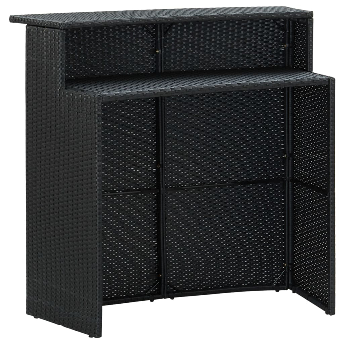 Schwarze Rattan-Bar. Sie hat eine Theke und Regale. Sie ist leer.