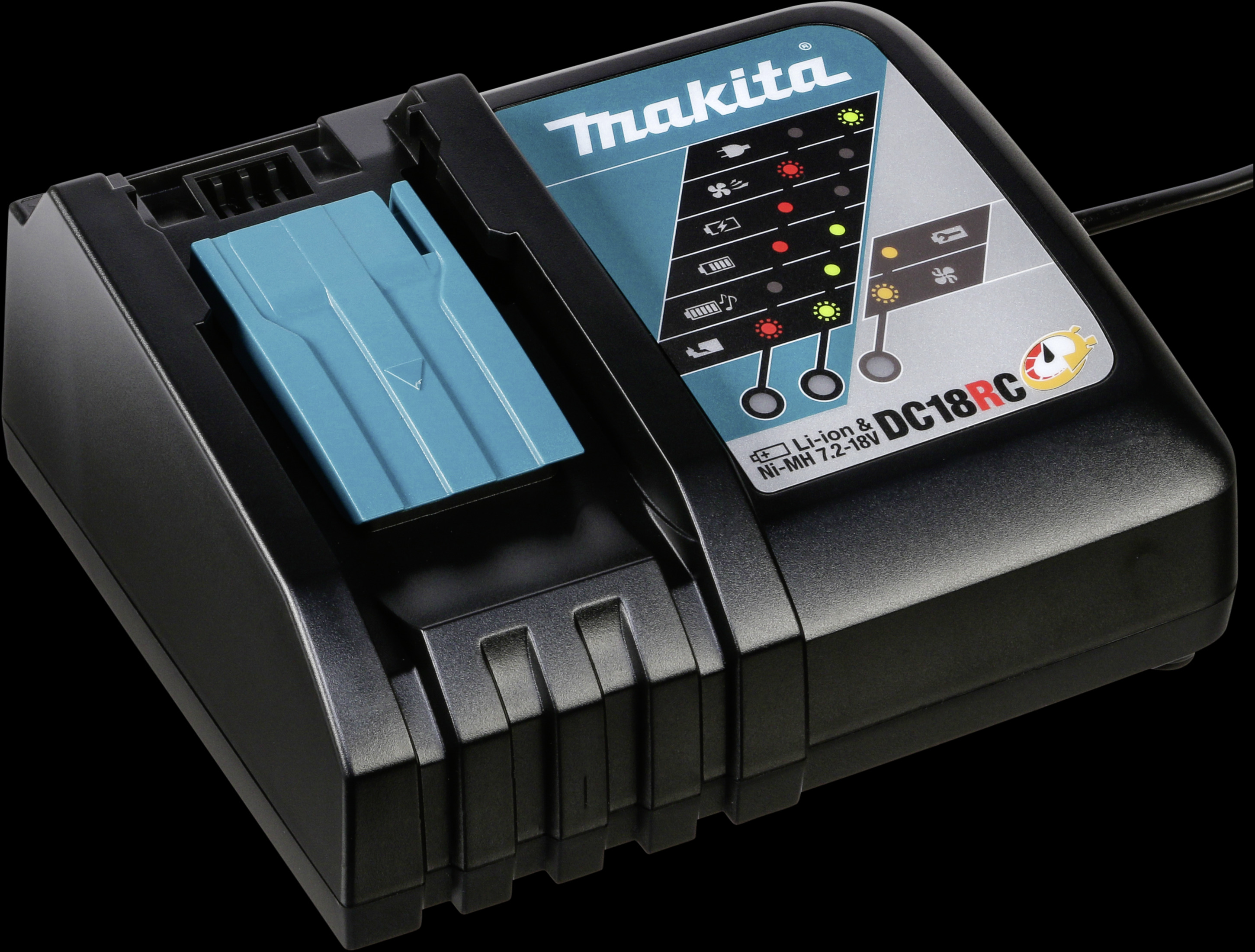 Makita-Ladegerät, türkisfarbene Akzente, schwarz. Schwarzer Hintergrund.
