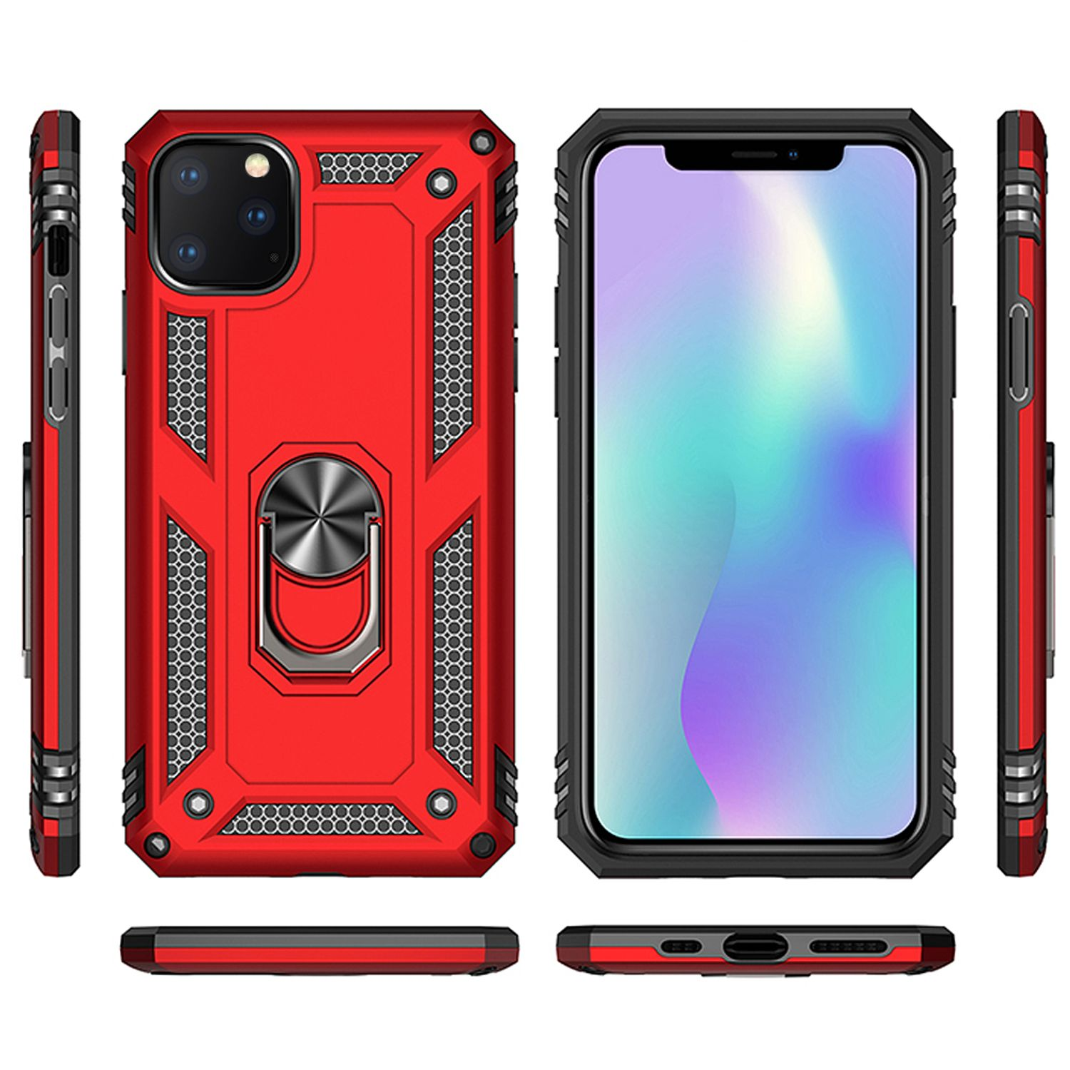 Funda roja para teléfono con detalles negros. Varias vistas: frontal, trasera, laterales e inferior. Incluye cámara y anillo.