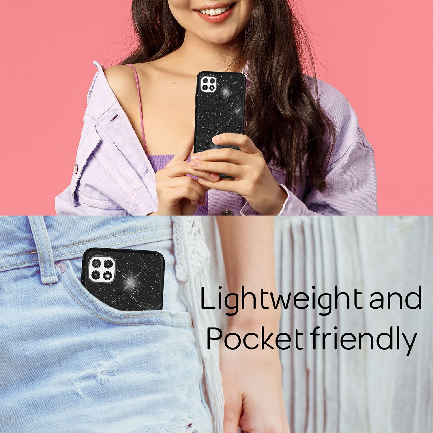 Eine Frau hält eine schwarze Handyhülle mit Glitzer und ein Telefon in der Tasche. Rosa Hintergrund und Text.