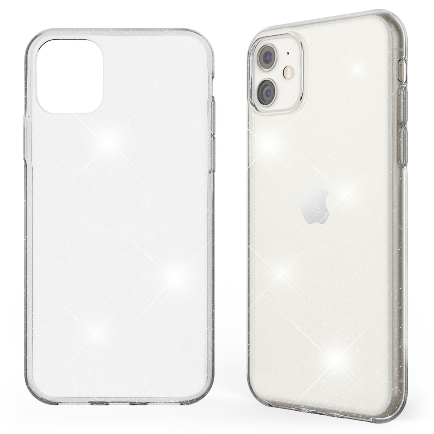 Funda transparente con purpurina, iPhone visible. Dos ángulos. Brillos brillantes en la funda.