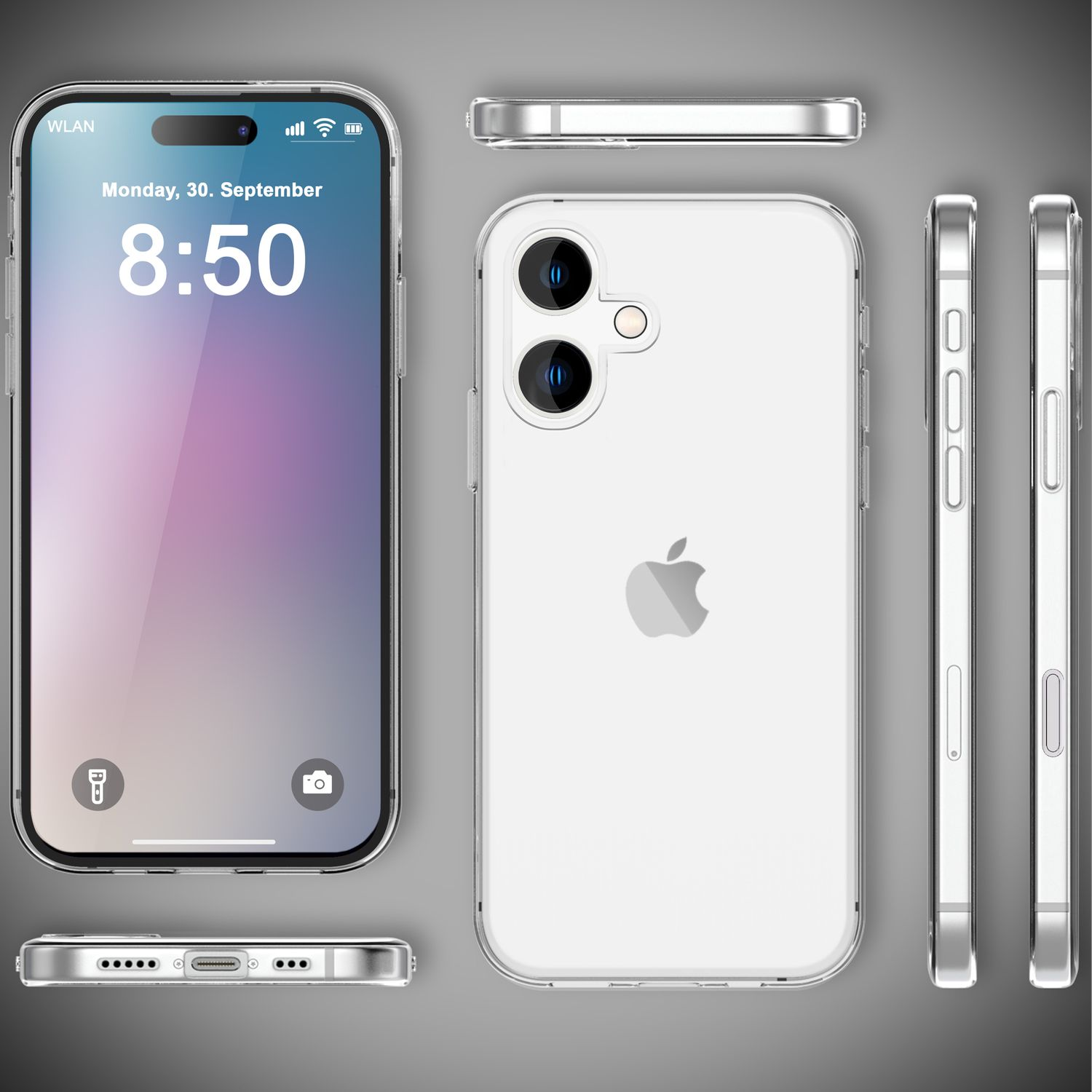 Klare Handyhülle mit Telefon darin. Mehrere Ansichten: vorne, hinten, Seiten und unten. Zeigt den Bildschirm des Telefons.