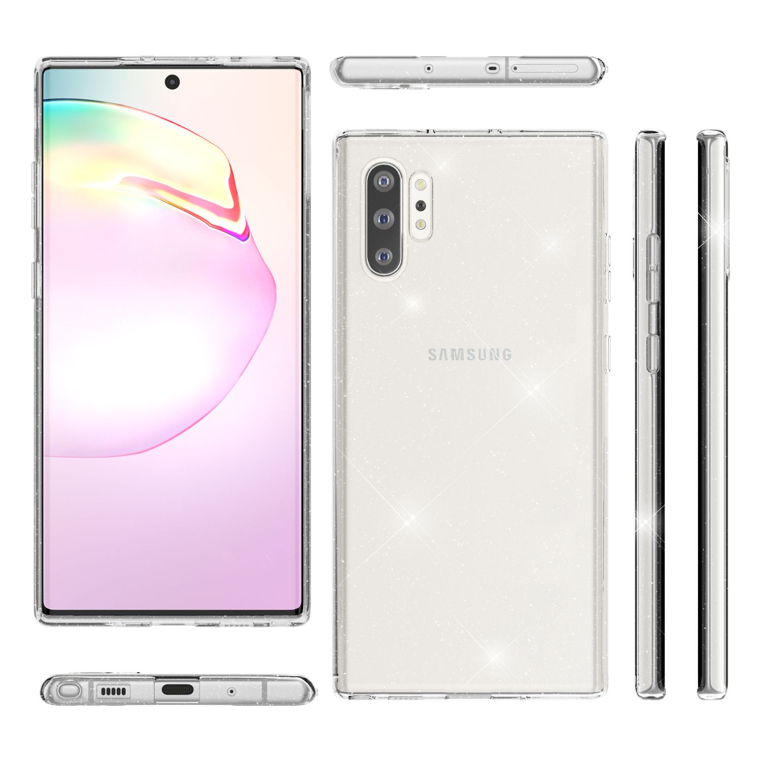 Klare Handyhülle mit Telefon darin. Mehrere Ansichten: vorne, hinten, Seiten und unten. Zeigt den Bildschirm des Telefons.