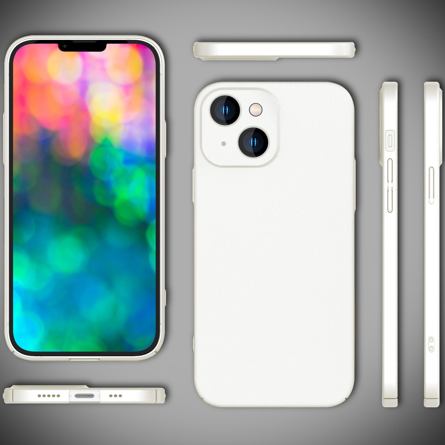 Funda blanca para teléfono con vistas frontal, trasera y lateral. La pantalla del teléfono muestra colores borrosos.