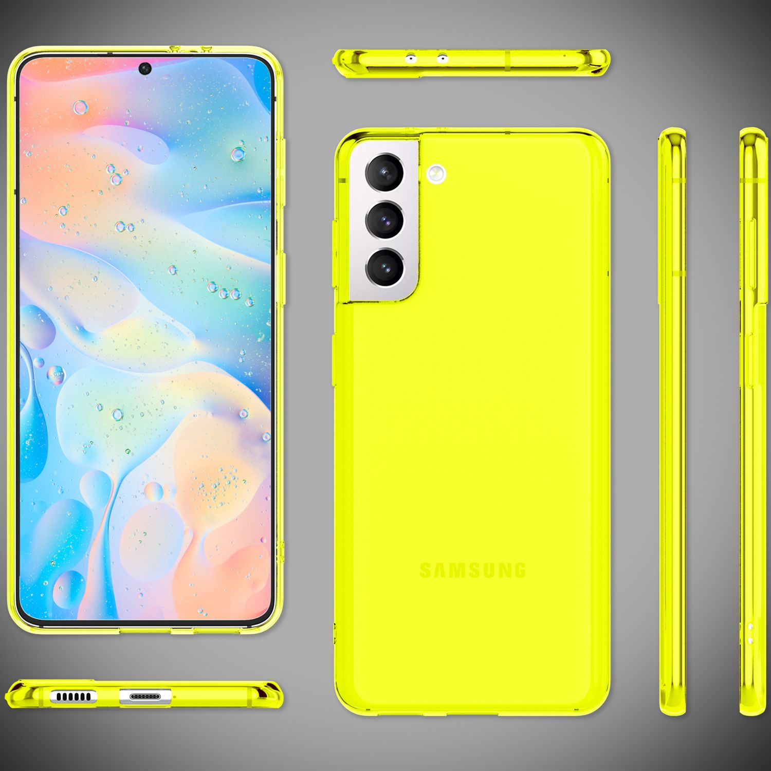 Custodia gialla per telefono con vista frontale, posteriore e laterale. Lo schermo del telefono mostra un design liquido.