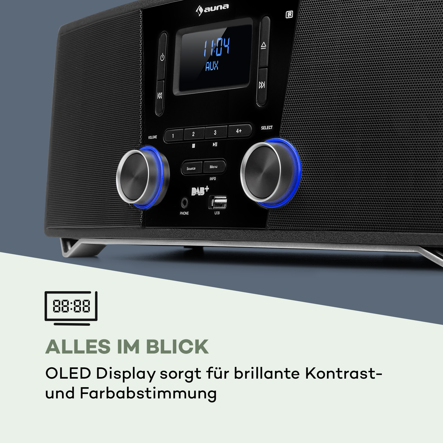 Schwarzes Auna-Stereo mit blauen Lichtern, Digitalanzeige zeigt 11:04, mit Text 'ALLES IM BLICK'.