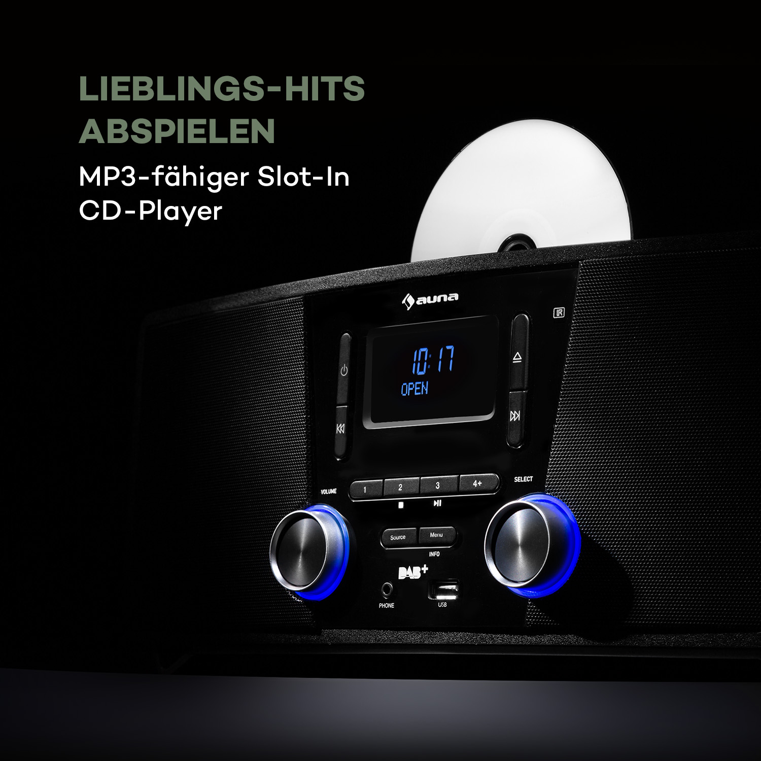 Schwarzes Stereoanlage mit CD-Player und blau beleuchteten Bedienelementen. Text: Lieblingshits abspielen.