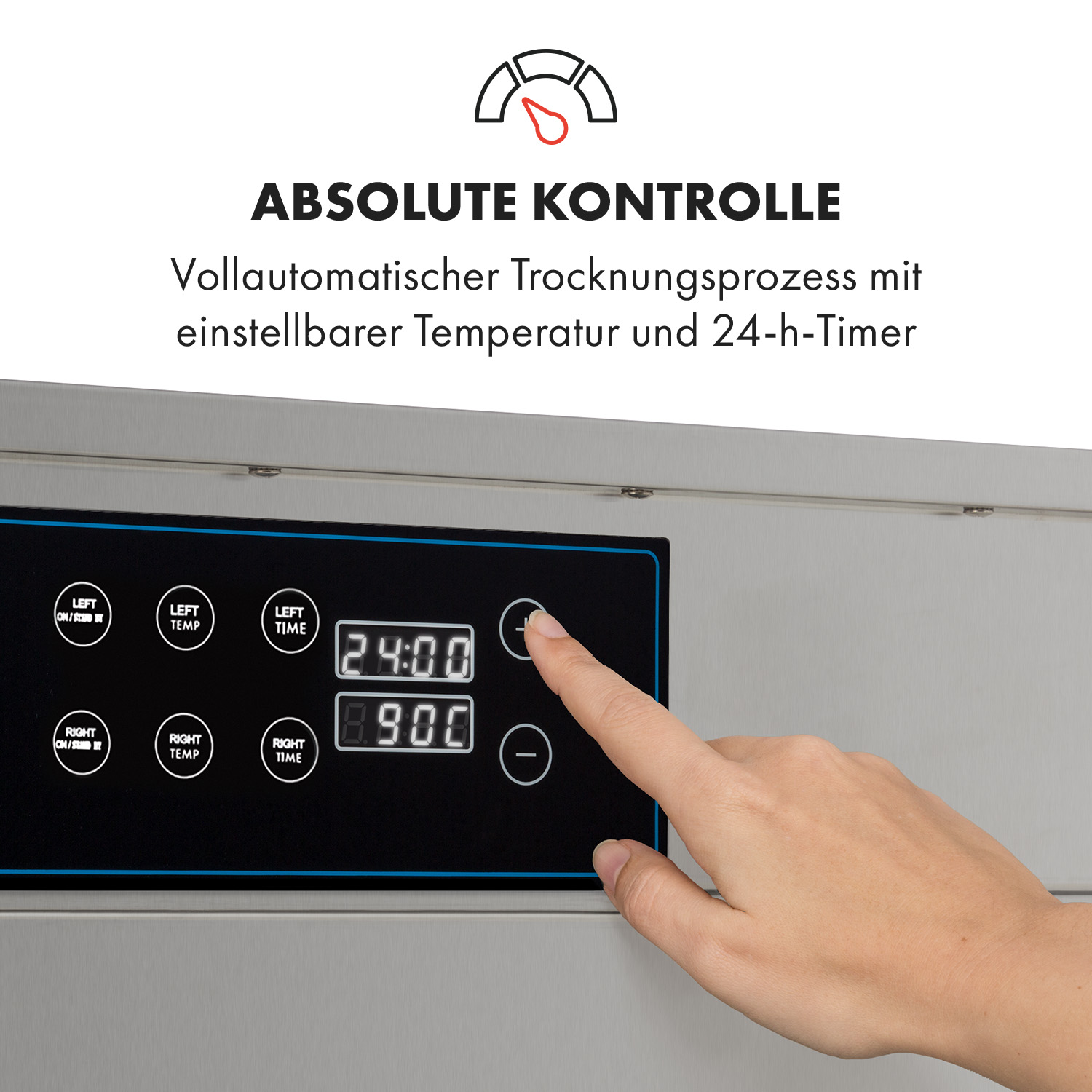 La mano di una persona tocca un display digitale. Mostra un timer di 24 ore, con pulsanti e testo in tedesco.