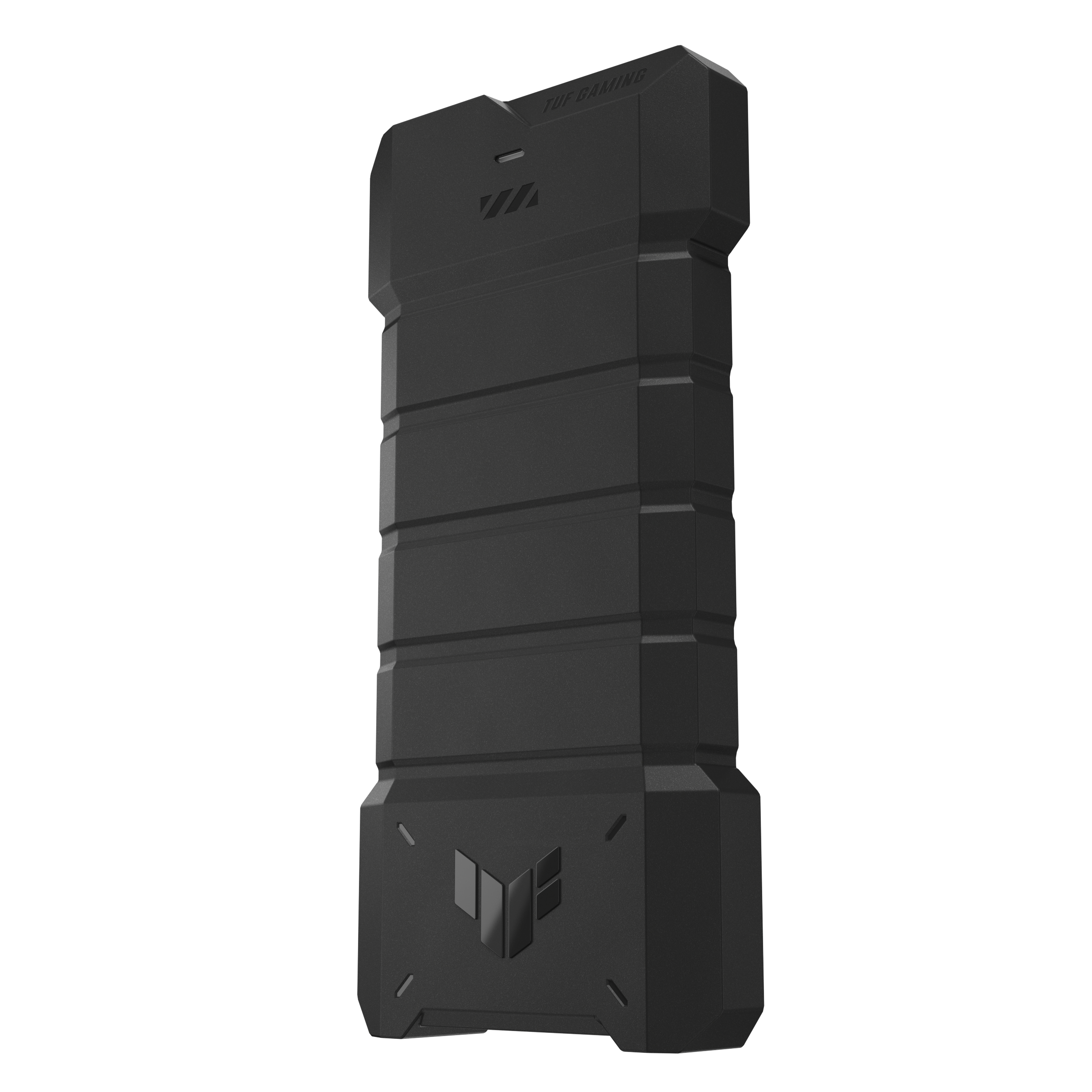 Czarne prostokątne urządzenie z logo TUF GAMING. Czarne tło.