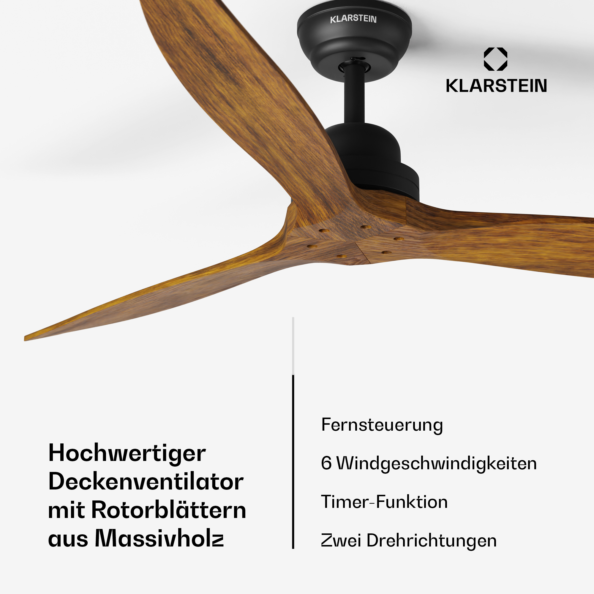 Ventilatore a soffitto con pale in legno, supporto nero. Testo: Klarstein.