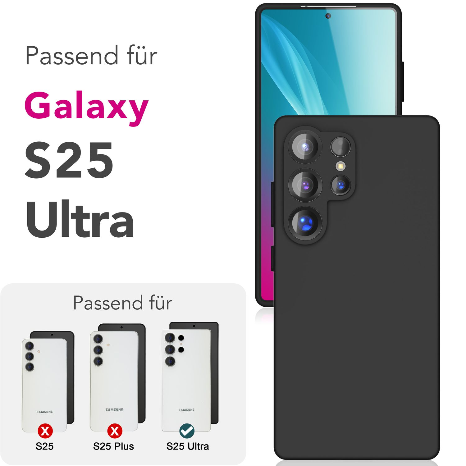 Schwarze Handyhülle und Handy, Text: Galaxy S25 Ultra. Mockups von S25 und S25 Plus mit rotem X, S25 Ultra mit grünem Häkchen.
