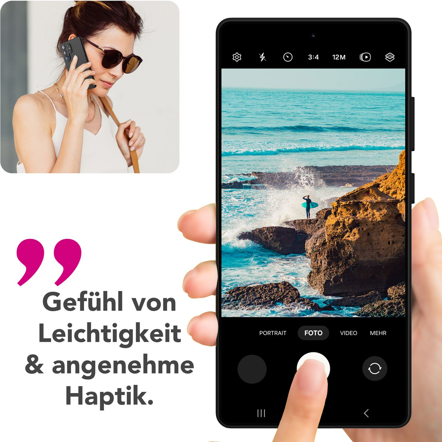 Frau am Telefon, Telefon zeigt Foto eines Surfers. Text: Gefühl von Leichtigkeit & angenehme Haptik.