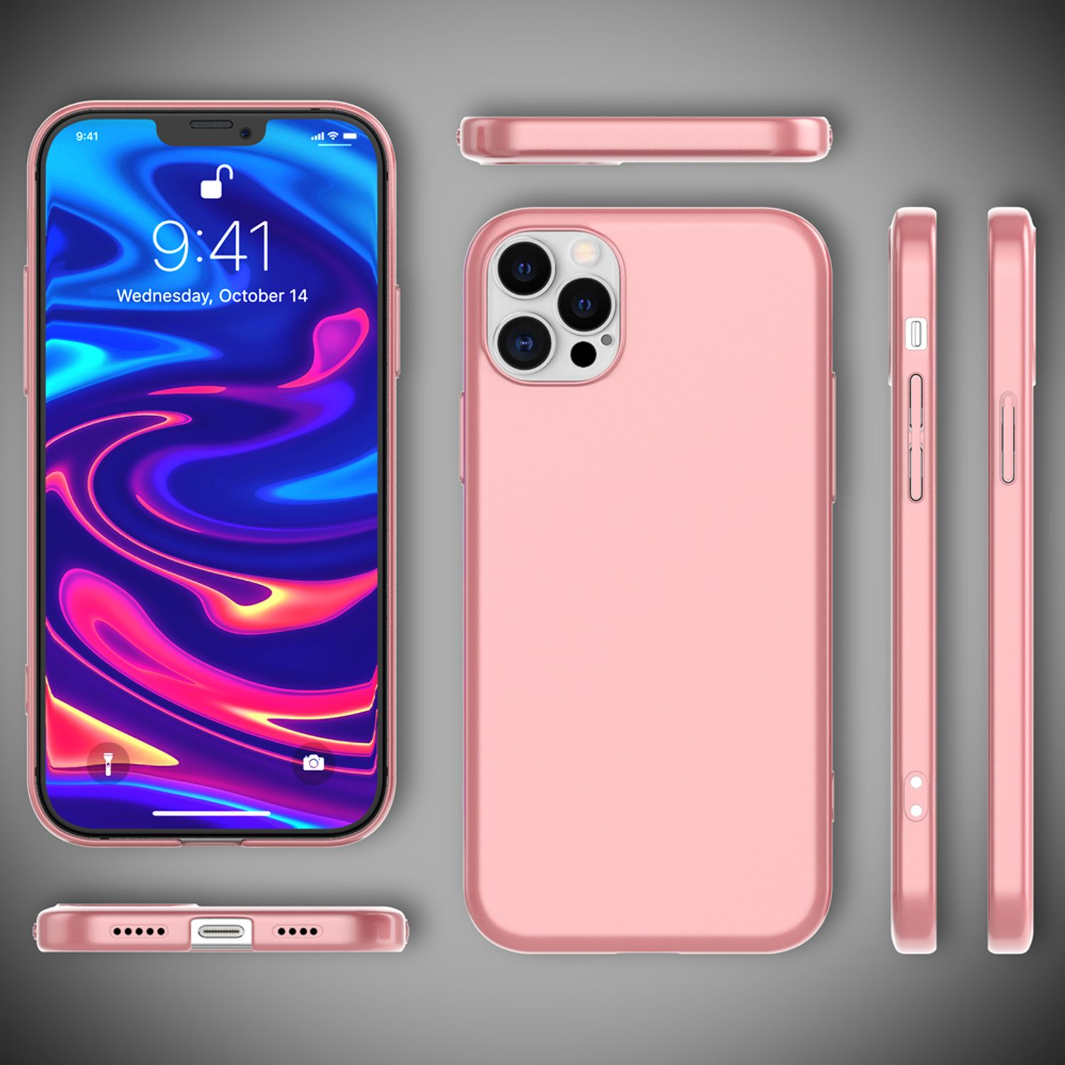 Rosa Handyhülle mit Telefon, mehrere Ansichten, auf grauem Hintergrund.